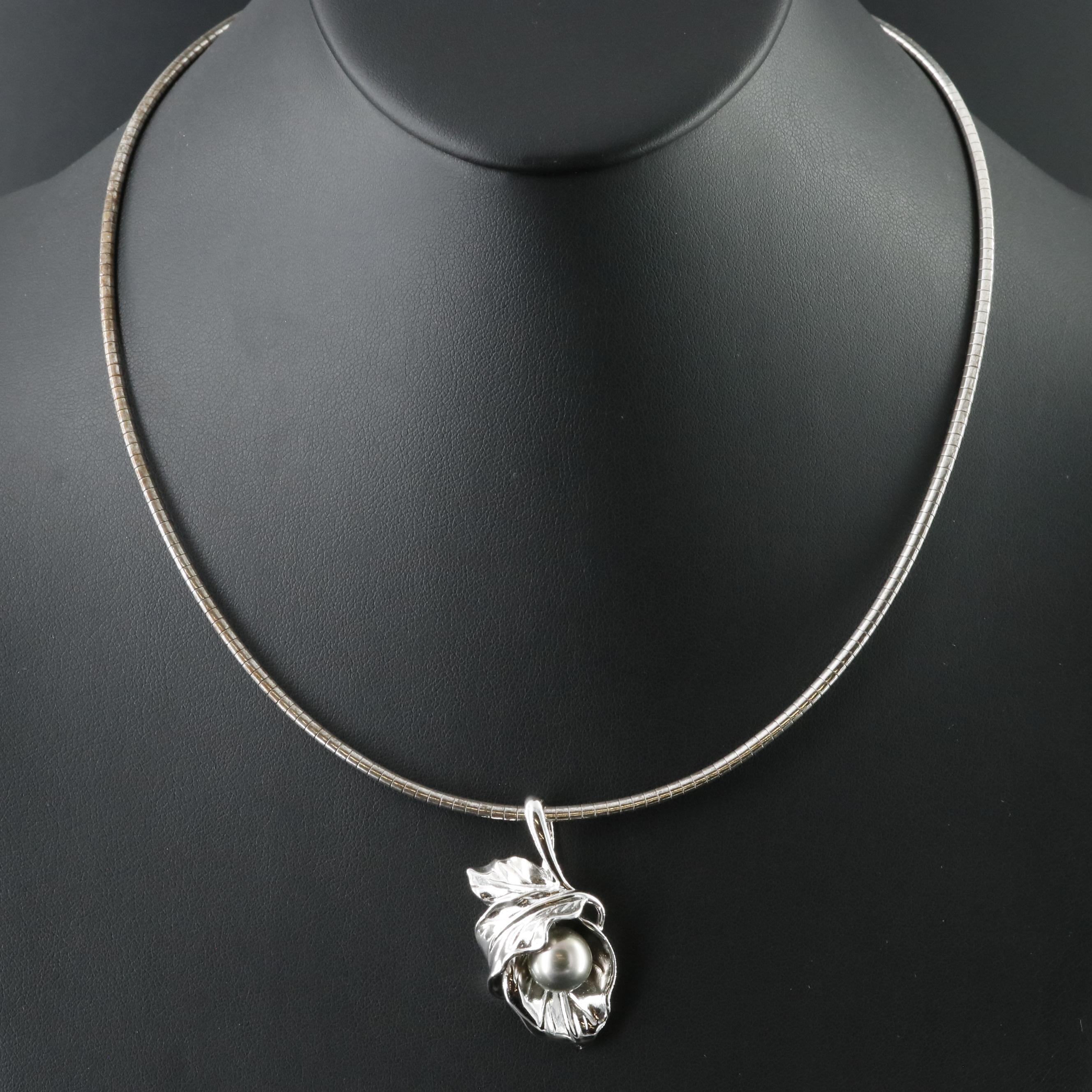 Sterling Pearl Foliate Pendant Necklace