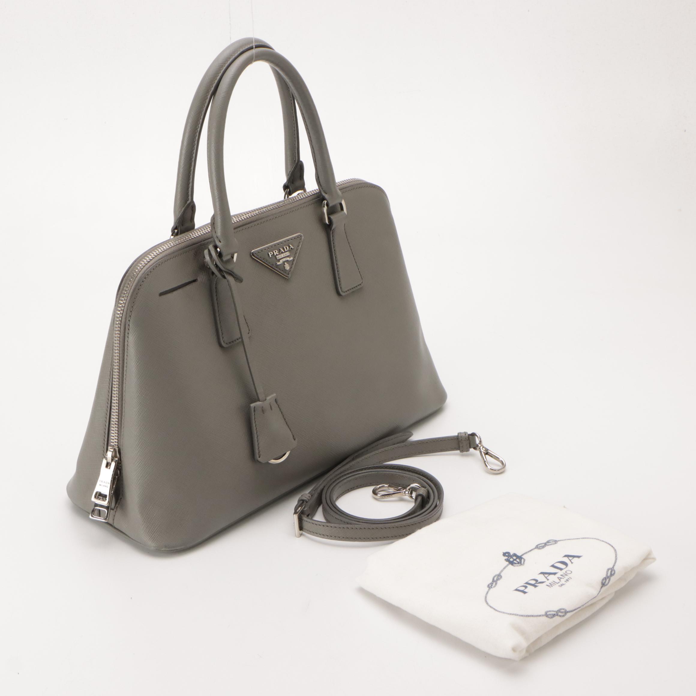 Prada Promenade Dome Two-Way Bag in Marmo Gray Saffiano Lux Leather