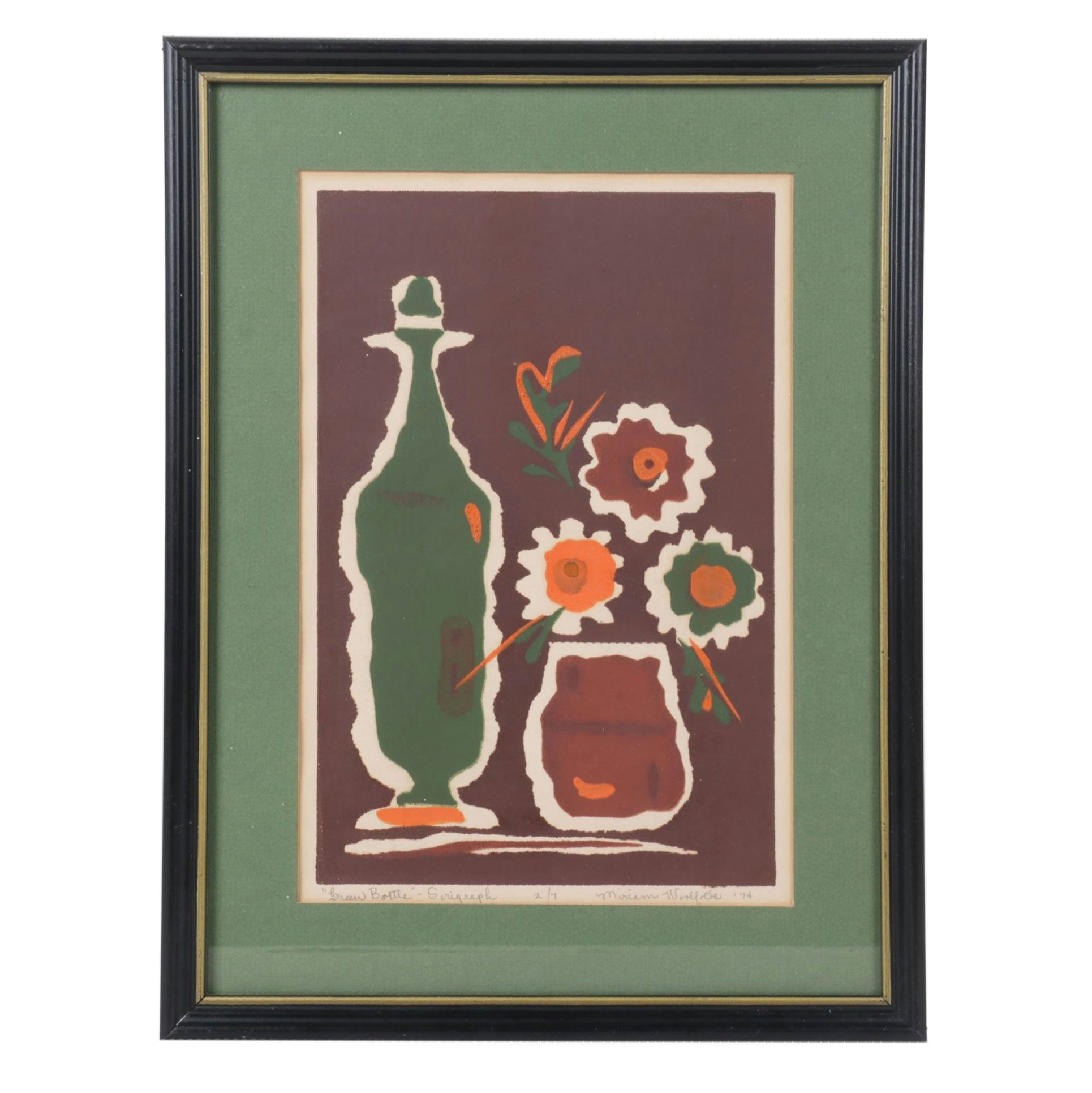Miriam Woolfolk Silhouette Serigraph "Green Bottle", 1974