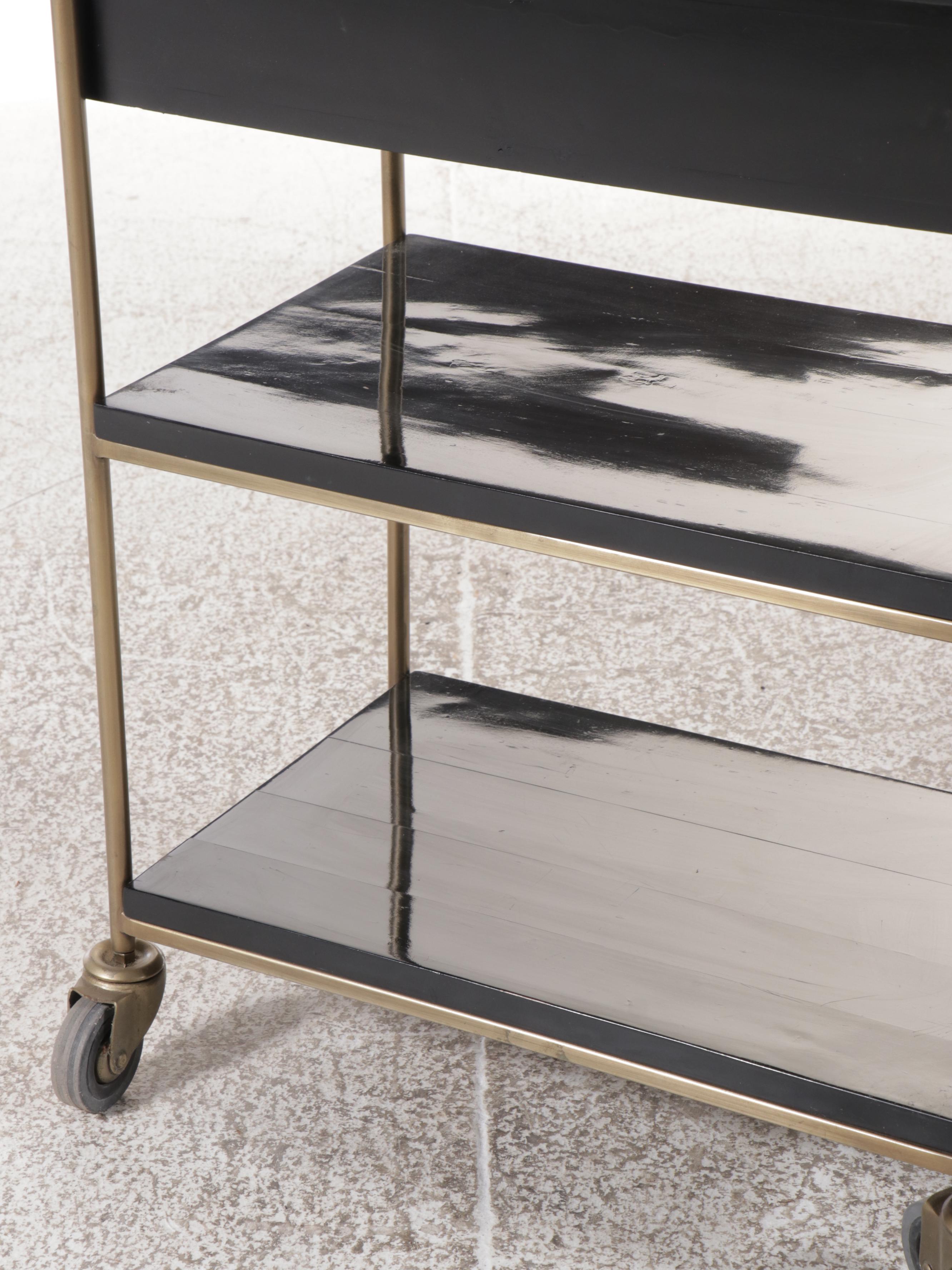 Modernist Style Black Lacquered Wood and Metal Bar Cart