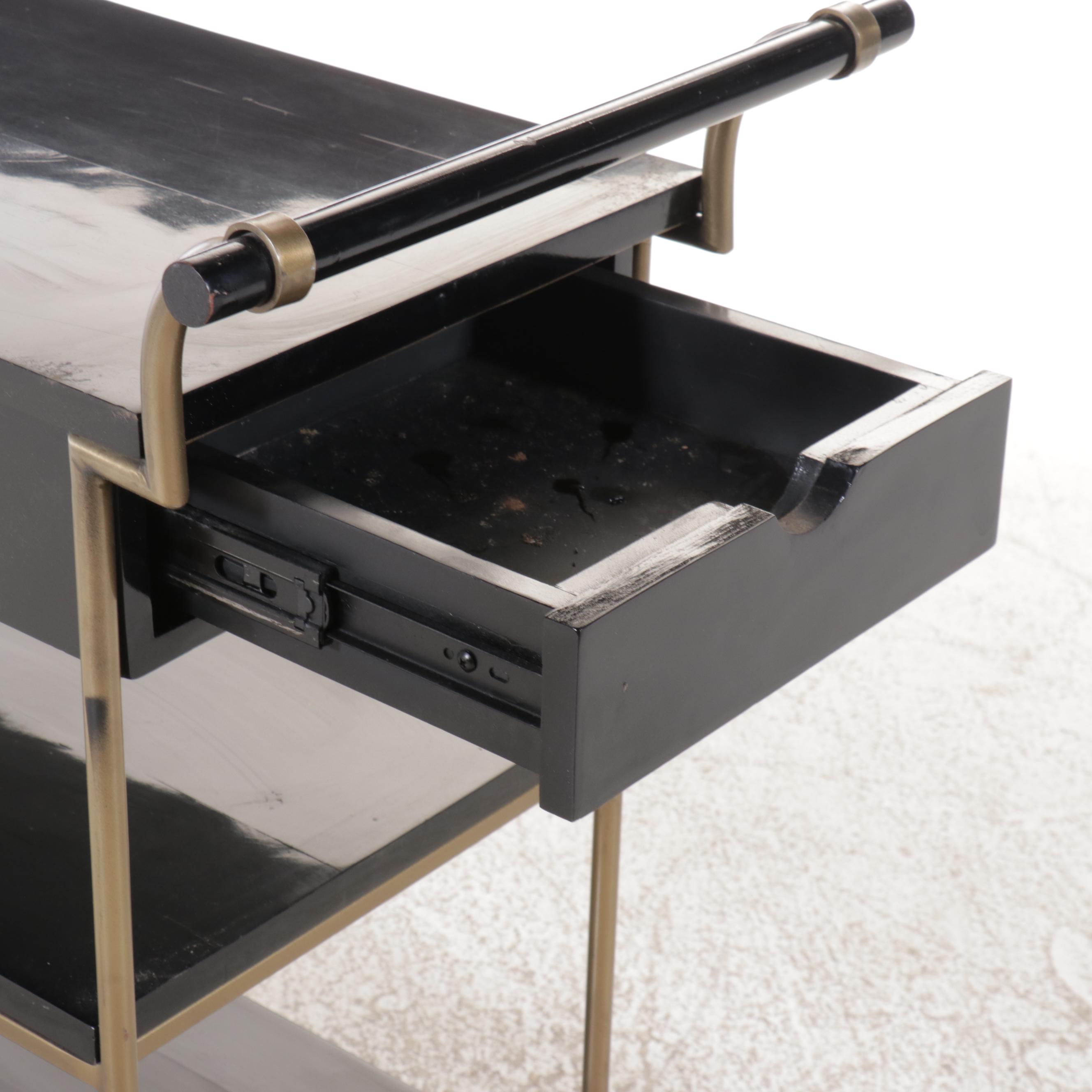 Modernist Style Black Lacquered Wood and Metal Bar Cart
