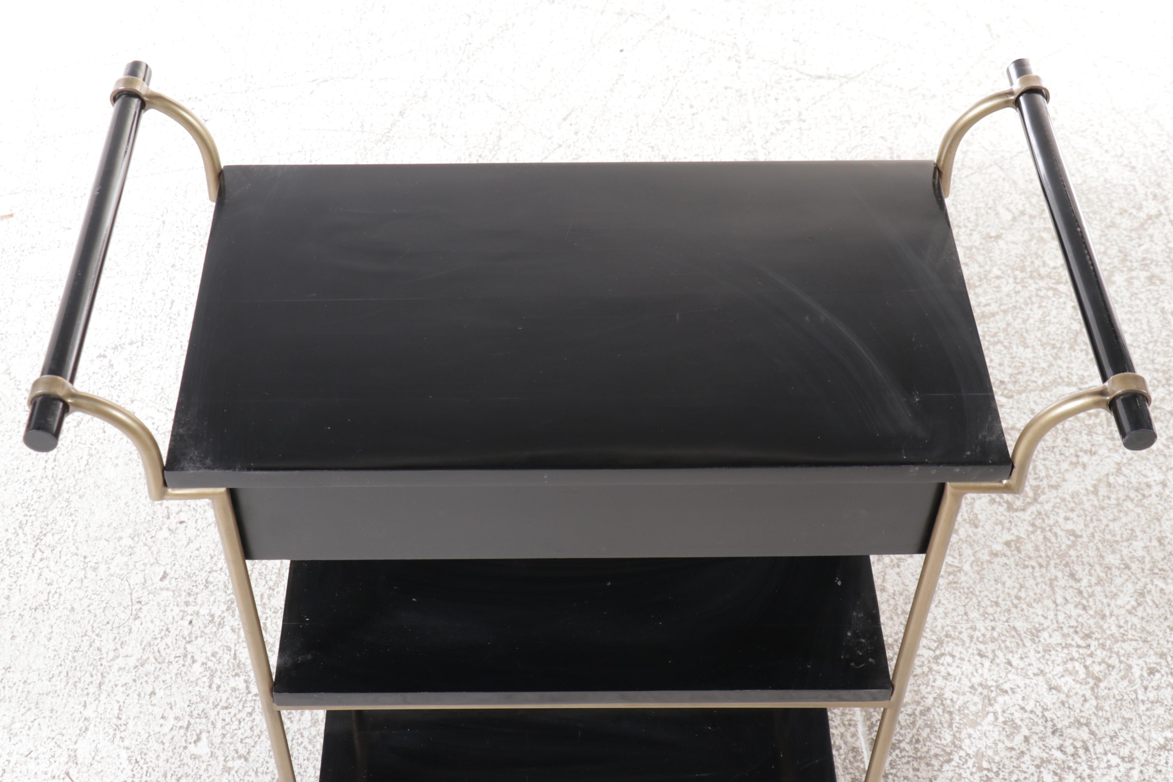 Modernist Style Black Lacquered Wood and Metal Bar Cart