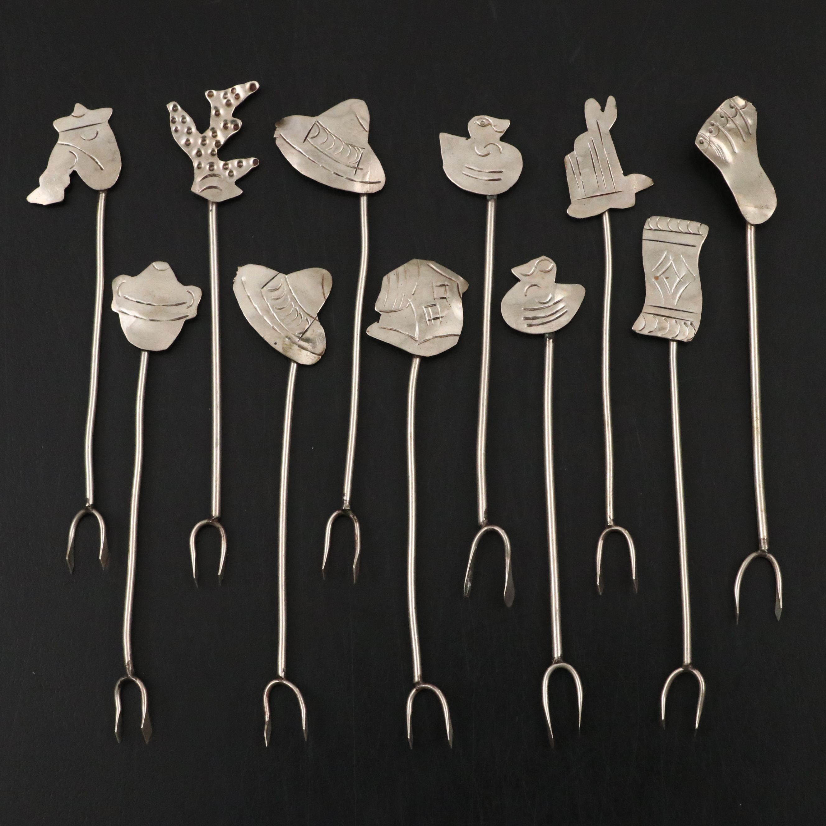 Mexican Silver Plate Cocktail Picks with Engraved Handles