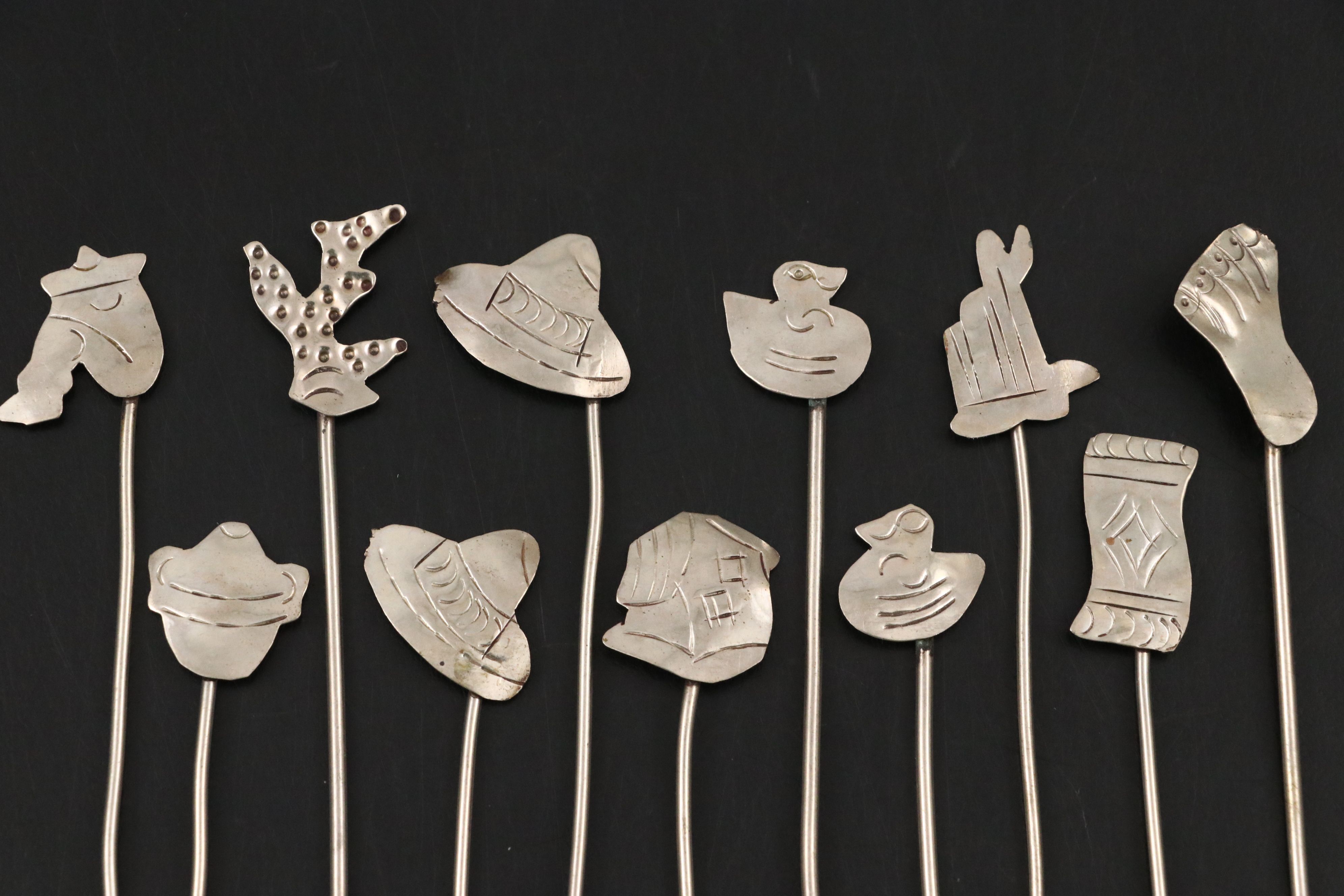 Mexican Silver Plate Cocktail Picks with Engraved Handles