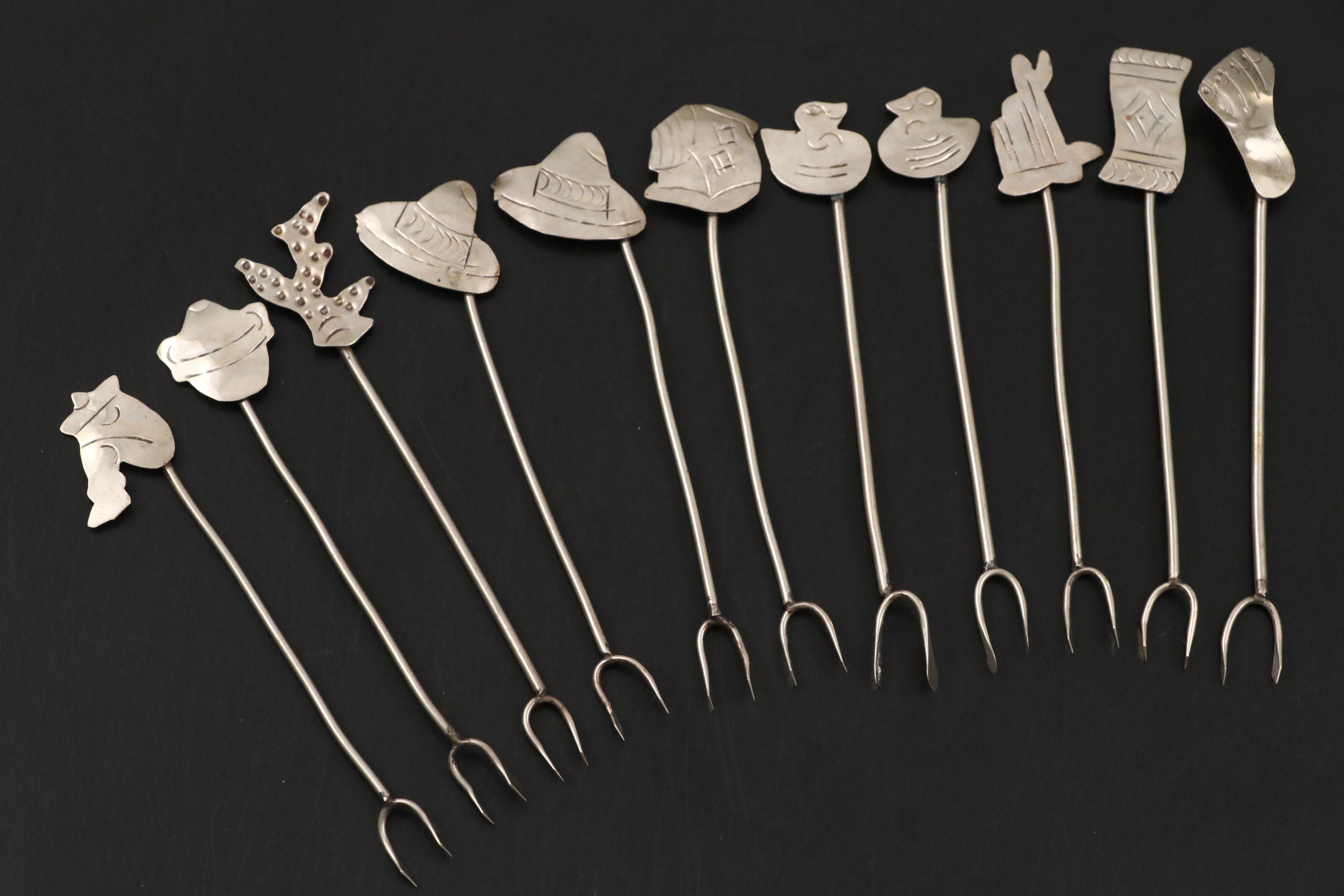 Mexican Silver Plate Cocktail Picks with Engraved Handles