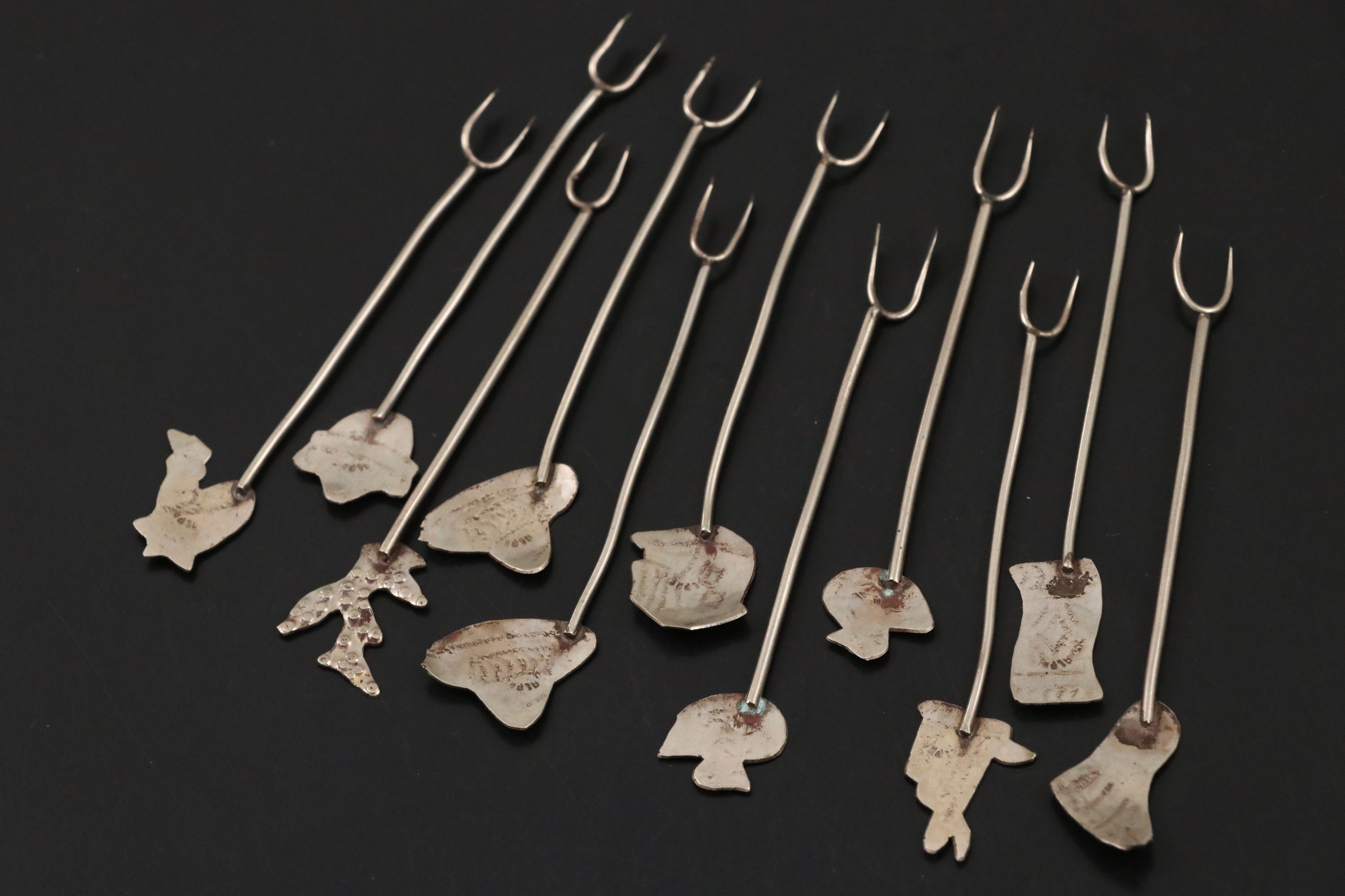 Mexican Silver Plate Cocktail Picks with Engraved Handles