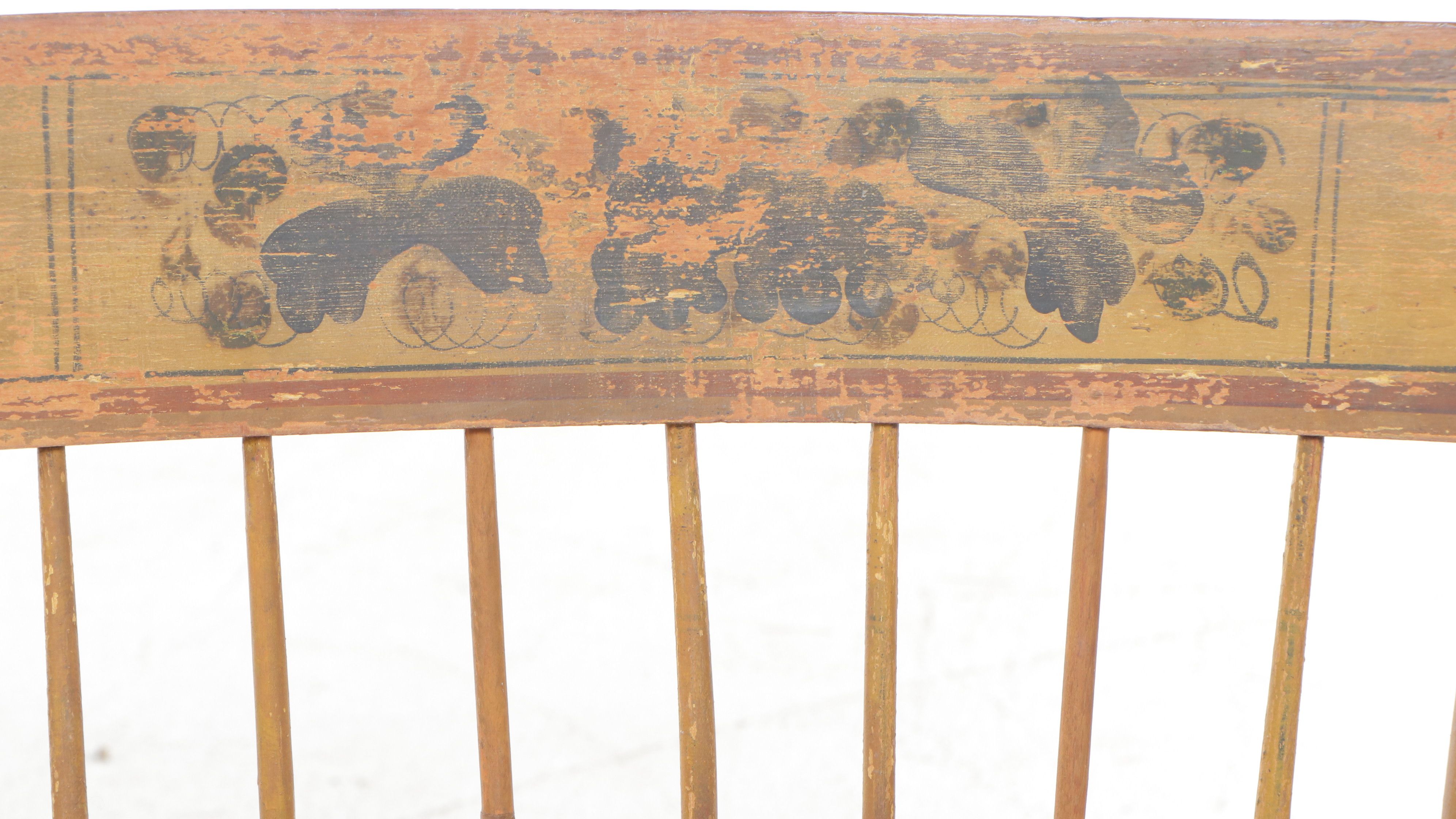 American Yellow Painted and Stencil-Decorated Spindle-Back Rocking Chair