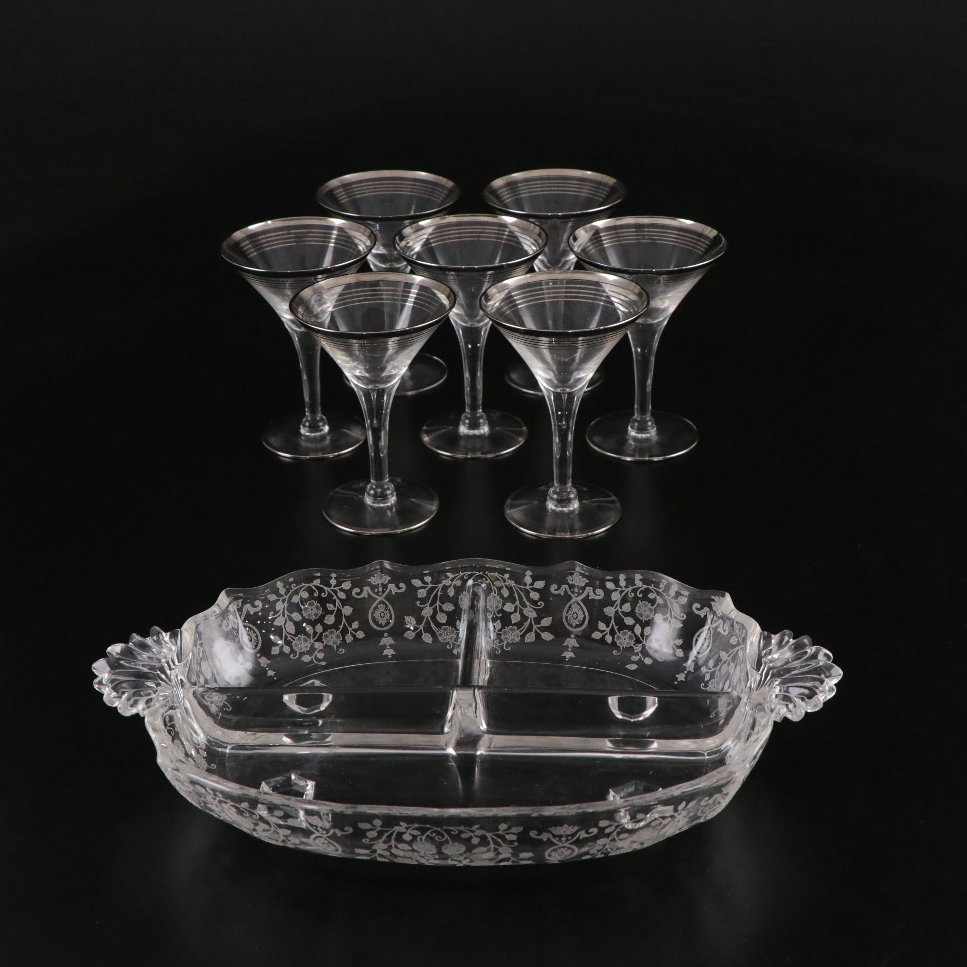 Silver Rimmed Martini Glasses & Fostoria Etched Relish Tray
