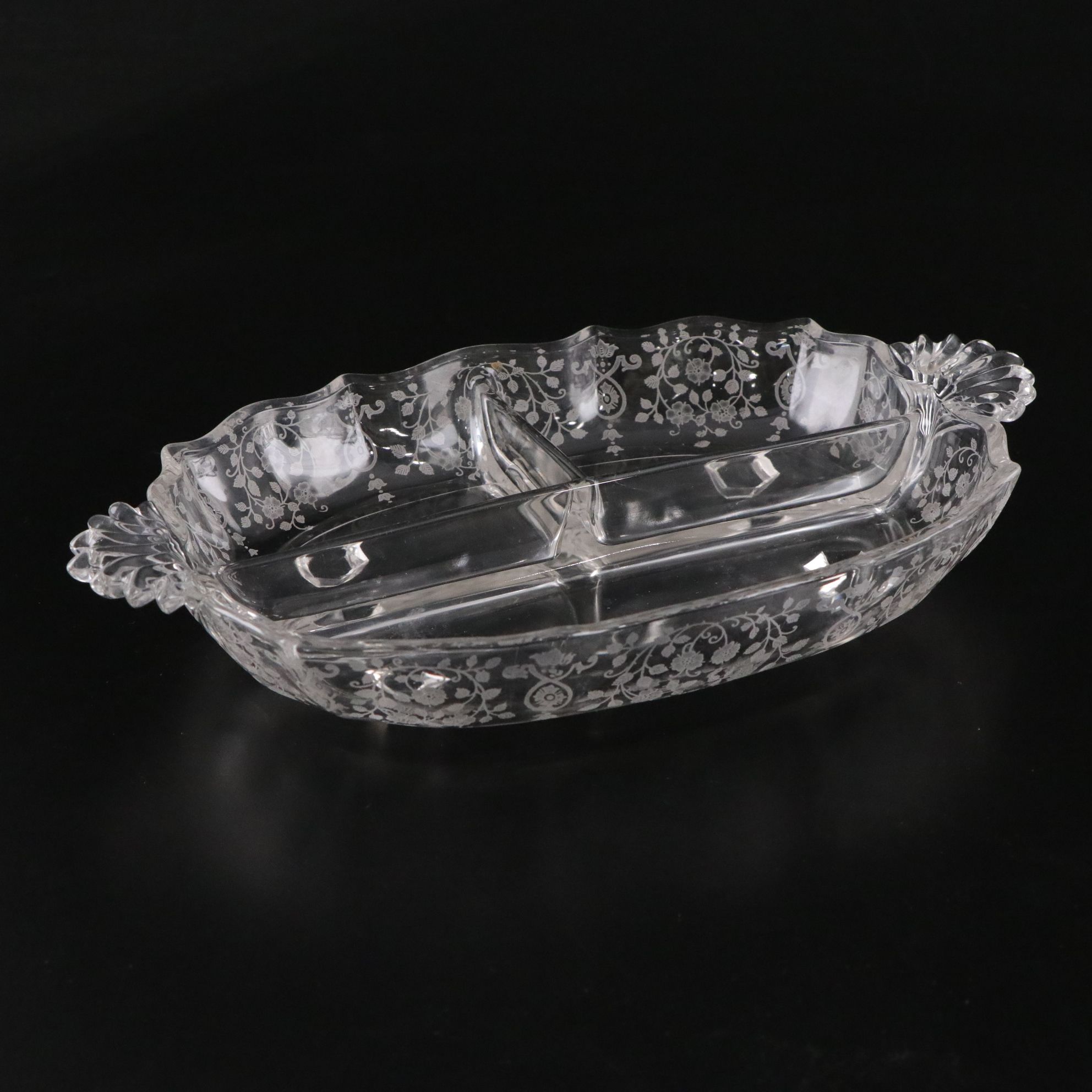 Silver Rimmed Martini Glasses & Fostoria Etched Relish Tray