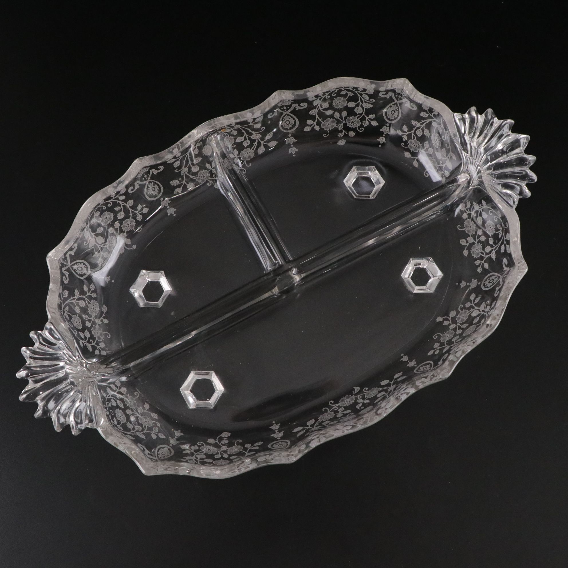 Silver Rimmed Martini Glasses & Fostoria Etched Relish Tray