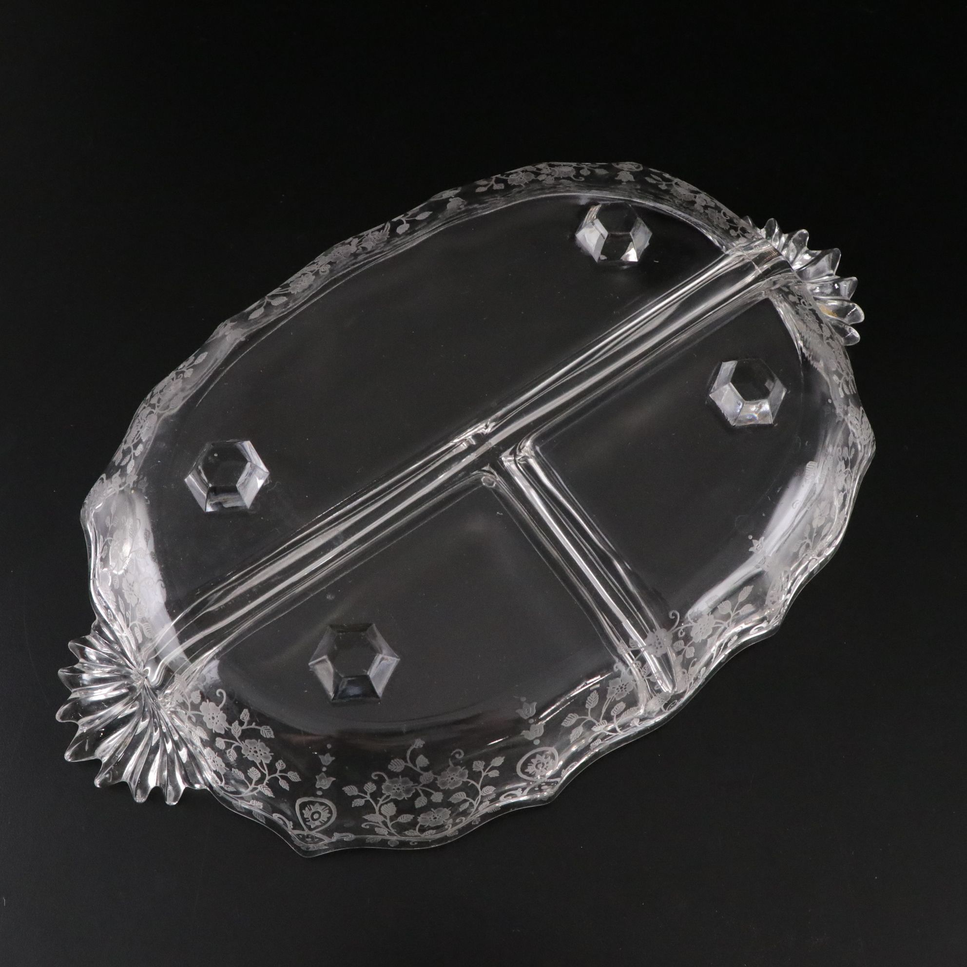 Silver Rimmed Martini Glasses & Fostoria Etched Relish Tray