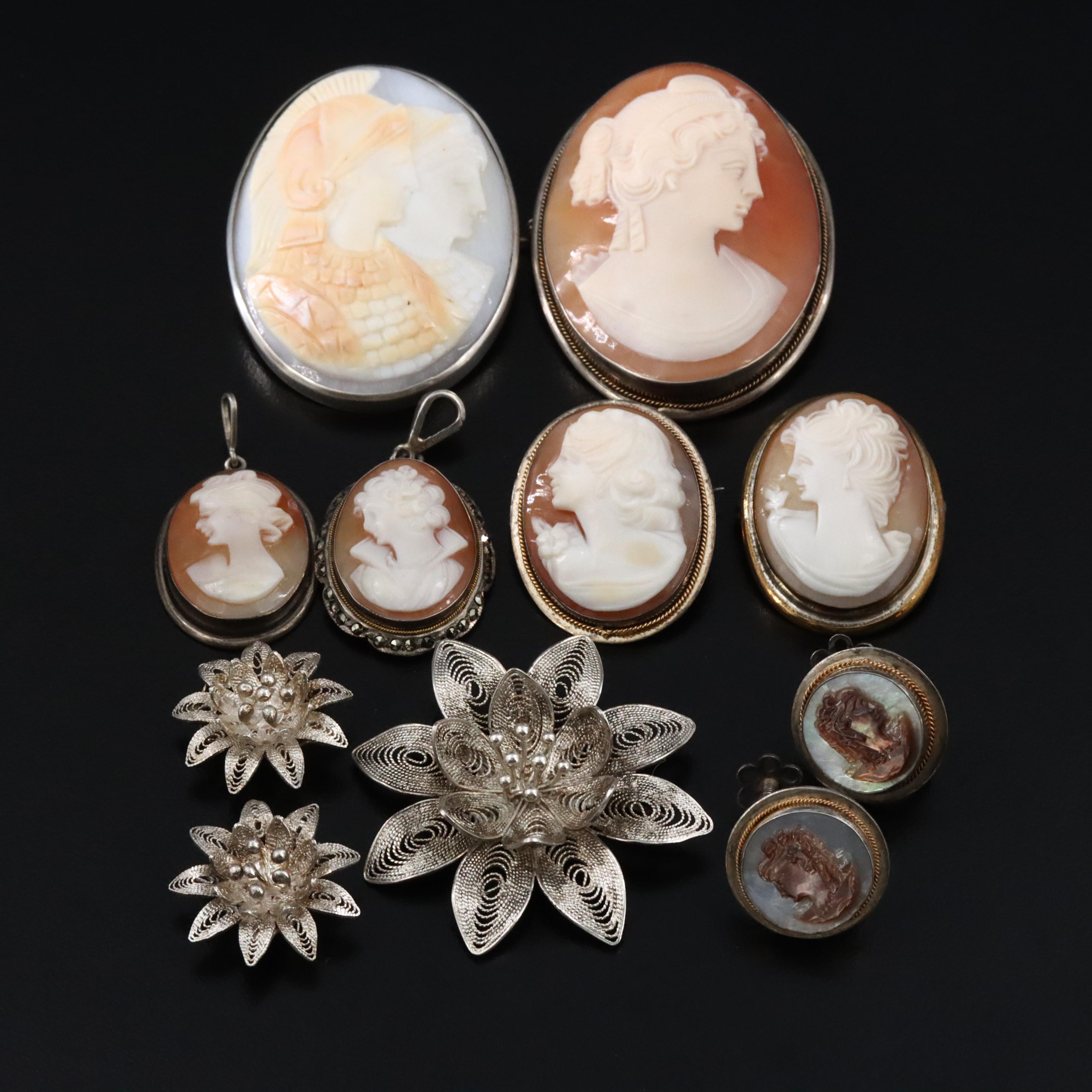 Cameo Grouping with a Capita Jugata Two Faced Brooch and Filigree Flower Jewelry