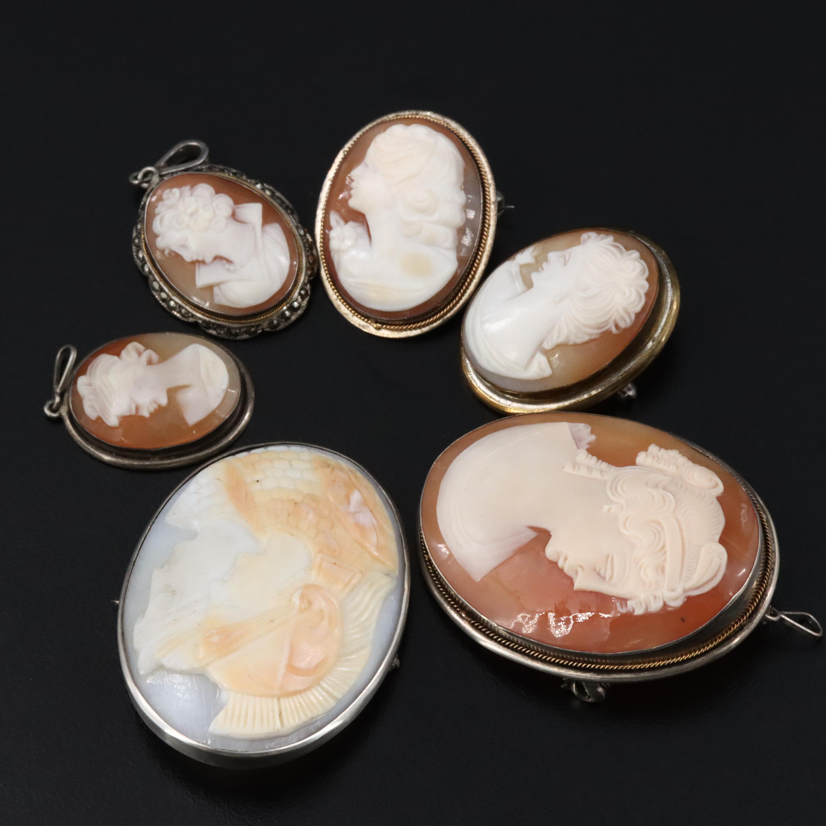 Cameo Grouping with a Capita Jugata Two Faced Brooch and Filigree Flower Jewelry