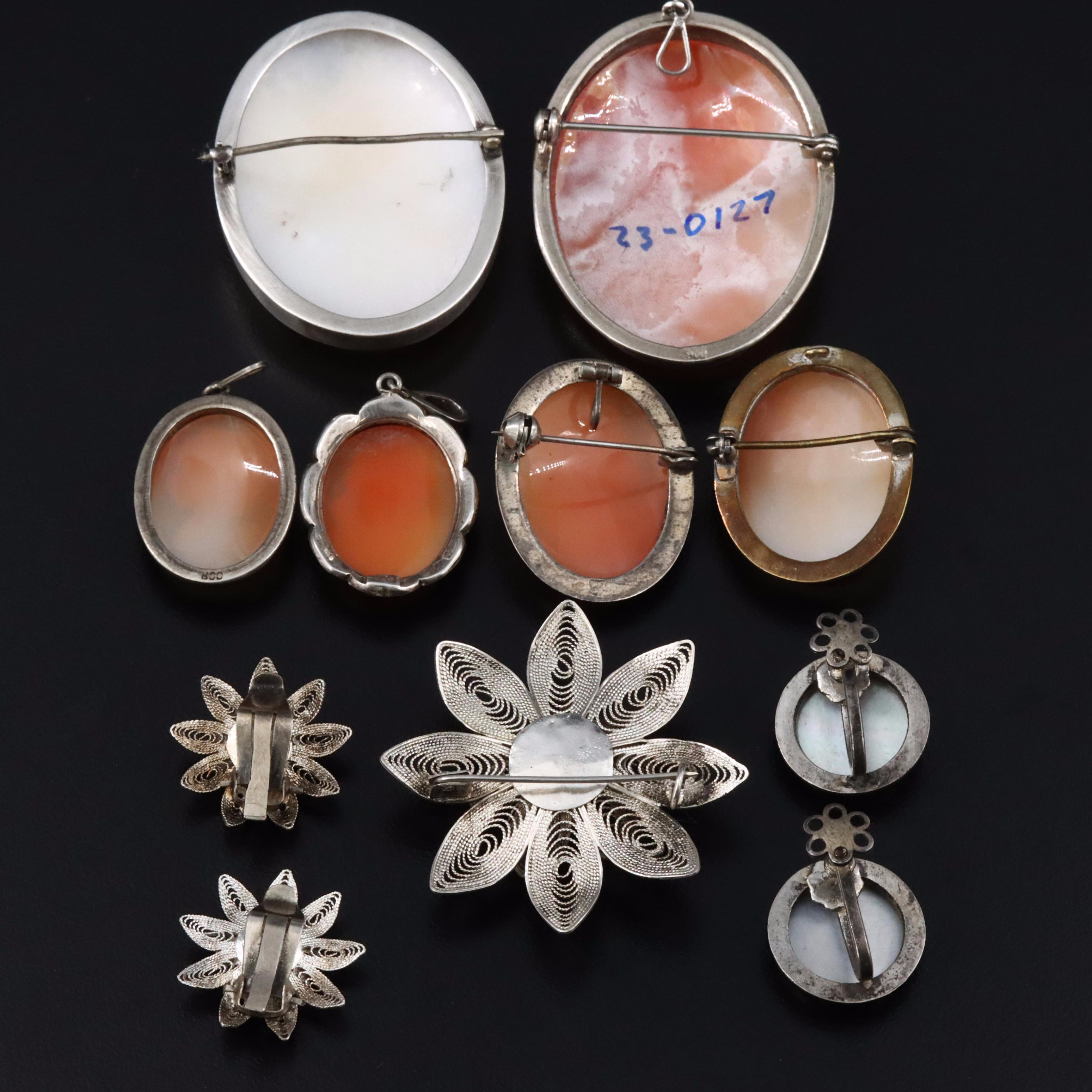 Cameo Grouping with a Capita Jugata Two Faced Brooch and Filigree Flower Jewelry