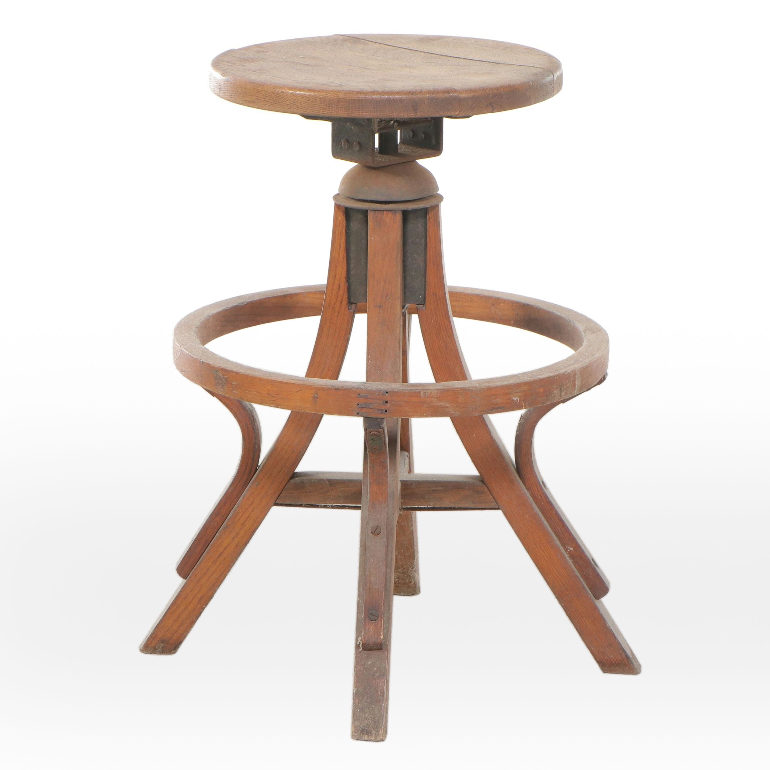American Oak Adjustable Stool, Early 20th Century