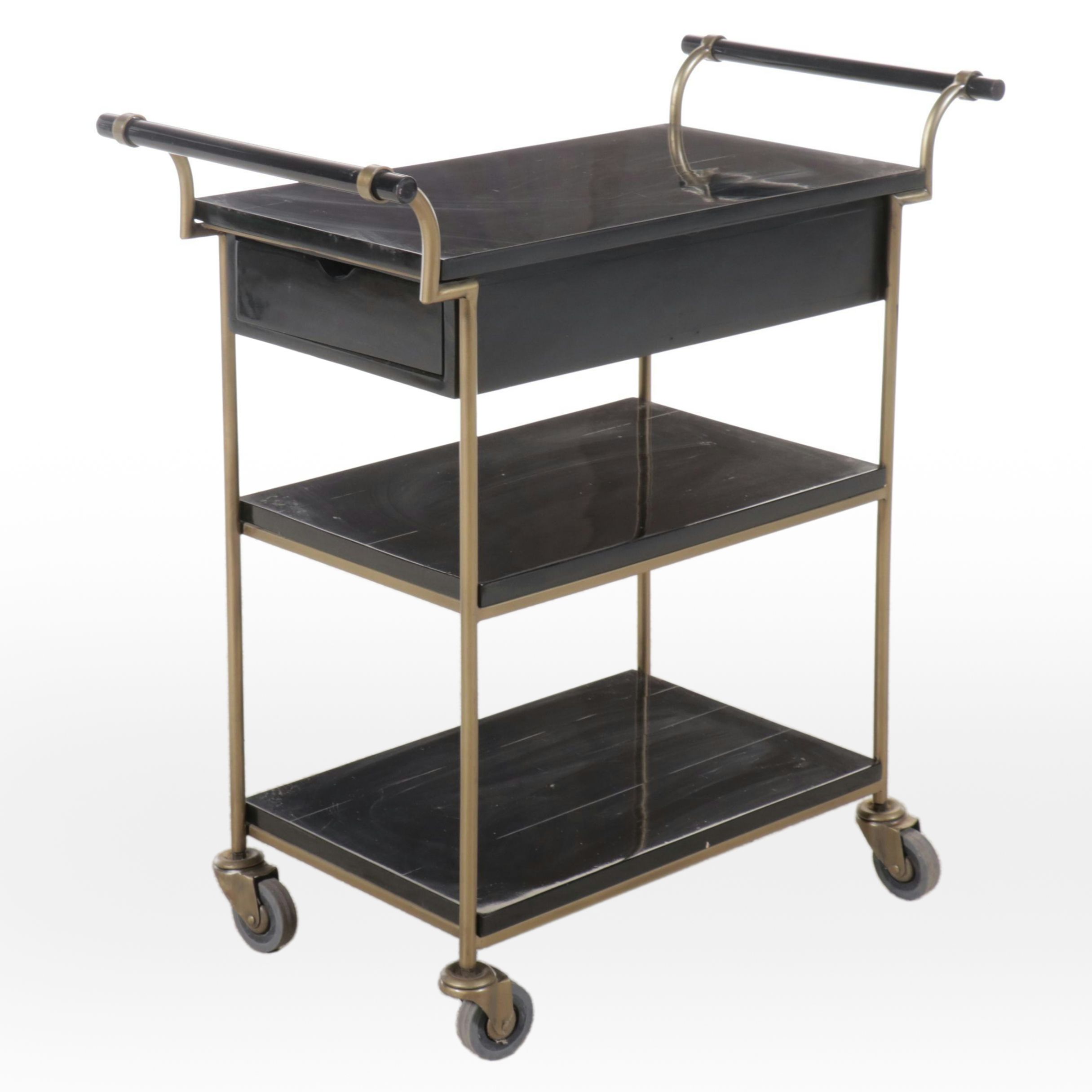 Modernist Style Black Lacquered Wood and Metal Bar Cart