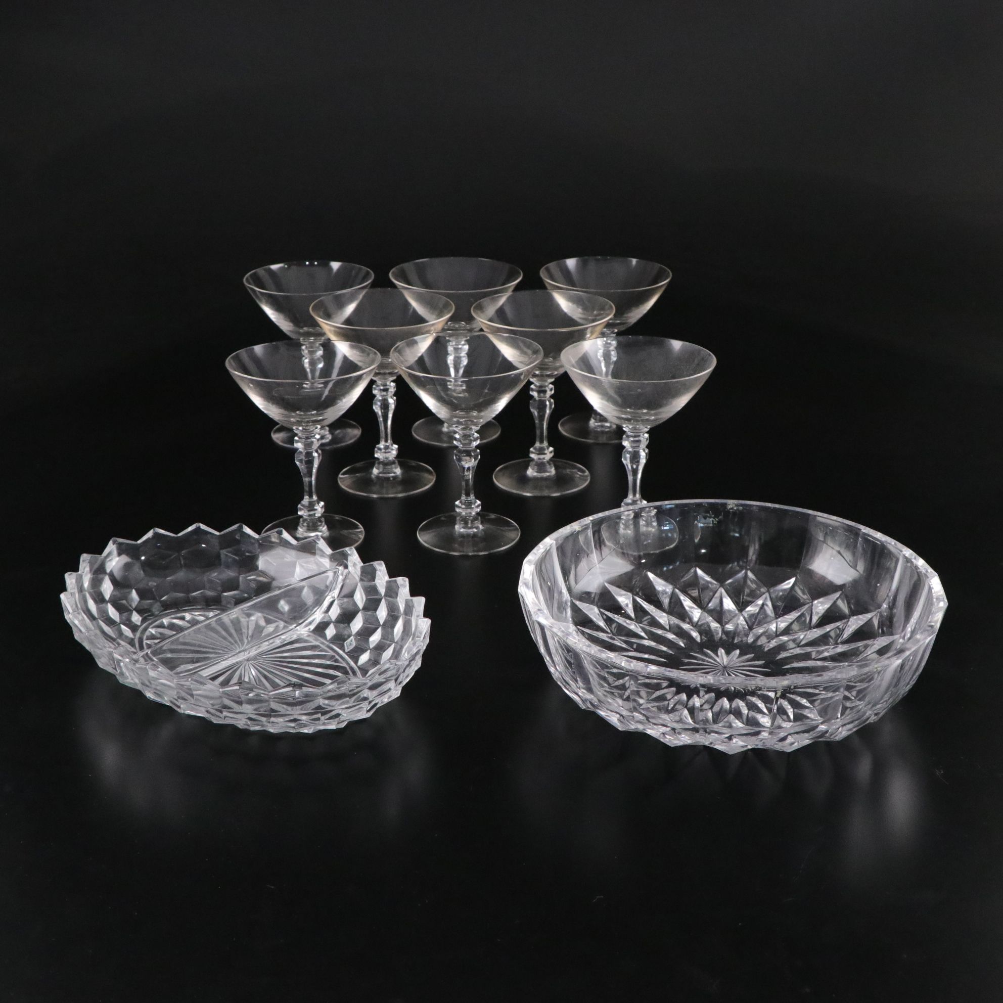 Val St. Lambert Crystal Bowl with Tiffin-Franciscan "Montclair" Cocktail Stems