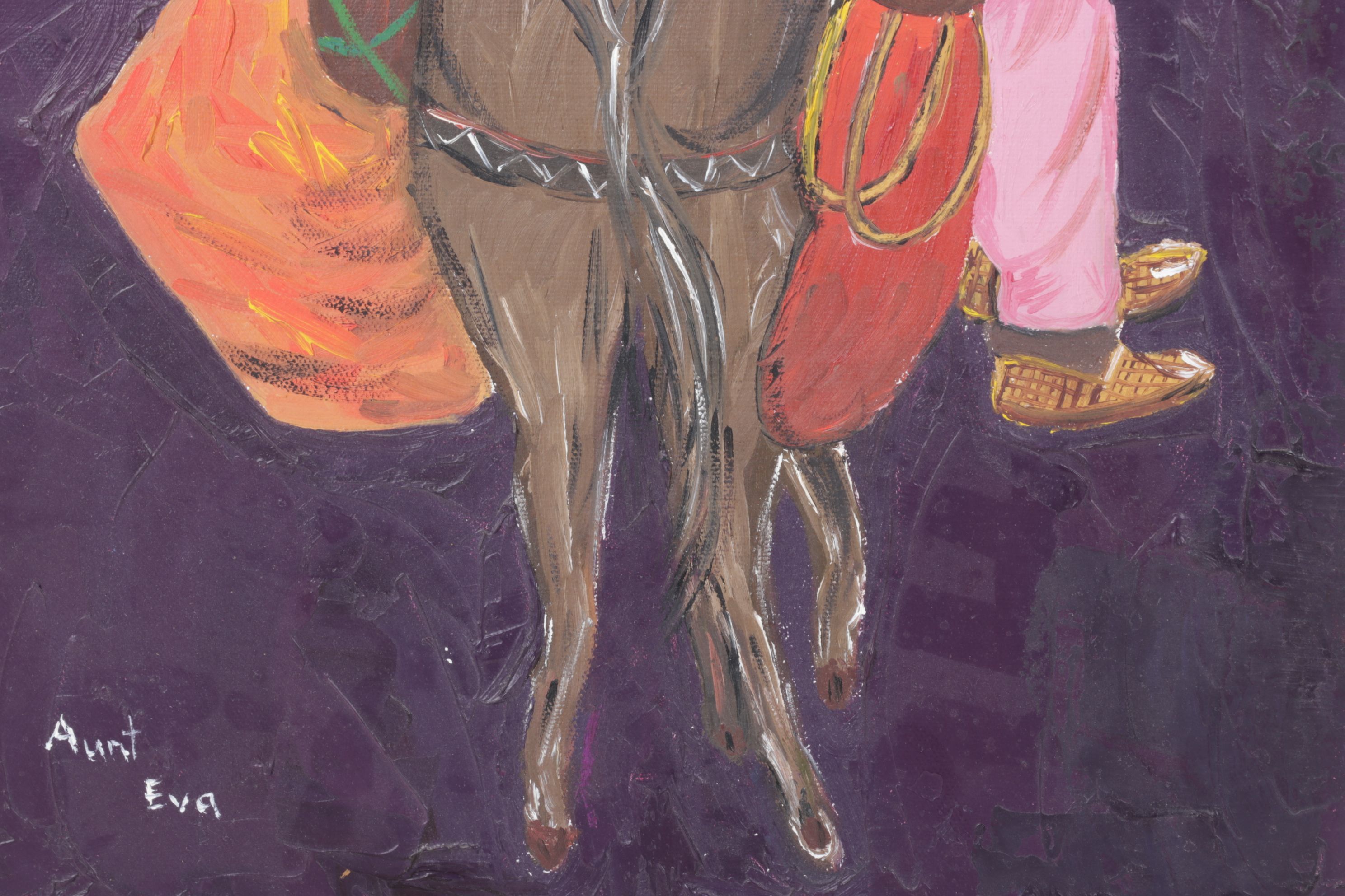Aunt Eva Oil Painting of Traveler on Horseback, Mid to Late 20th Century