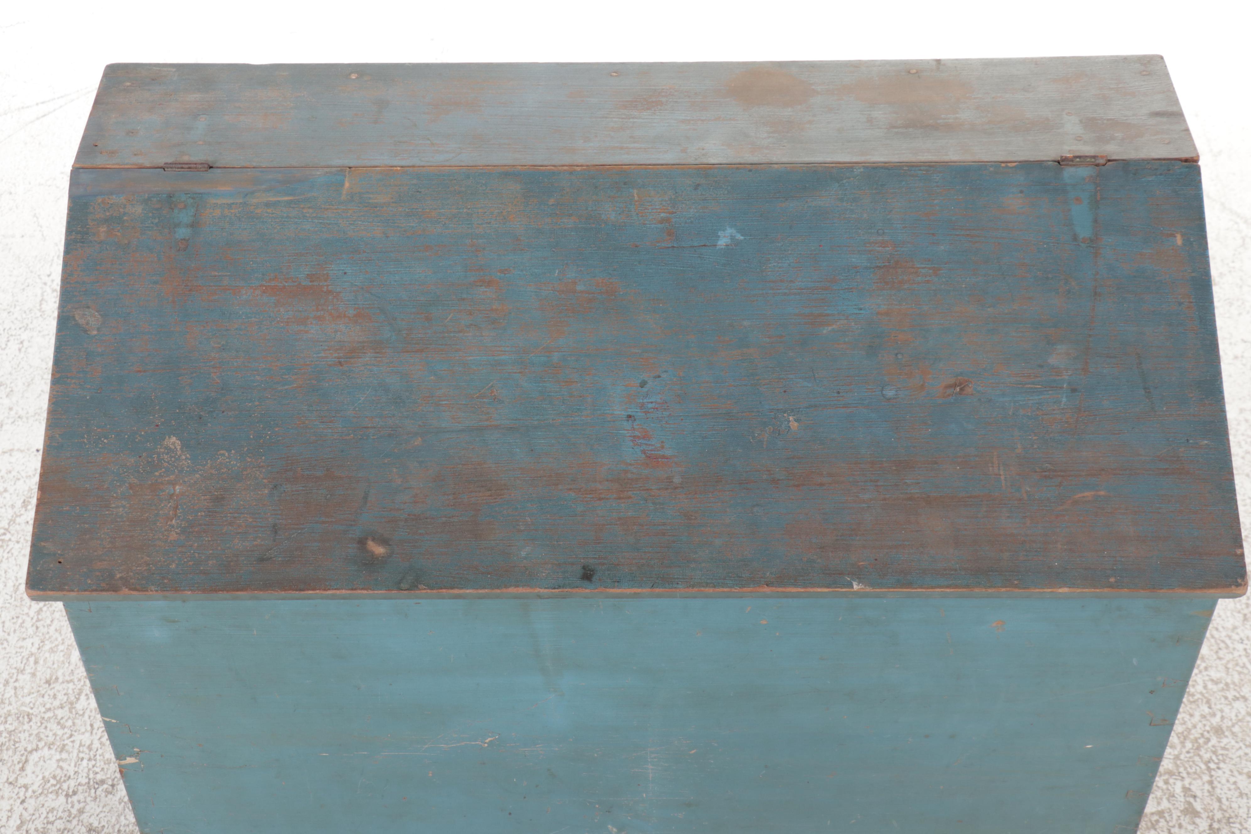 Early American Blue Painted Pine Slant-Top Lift-Lid Chest with Dovetailing