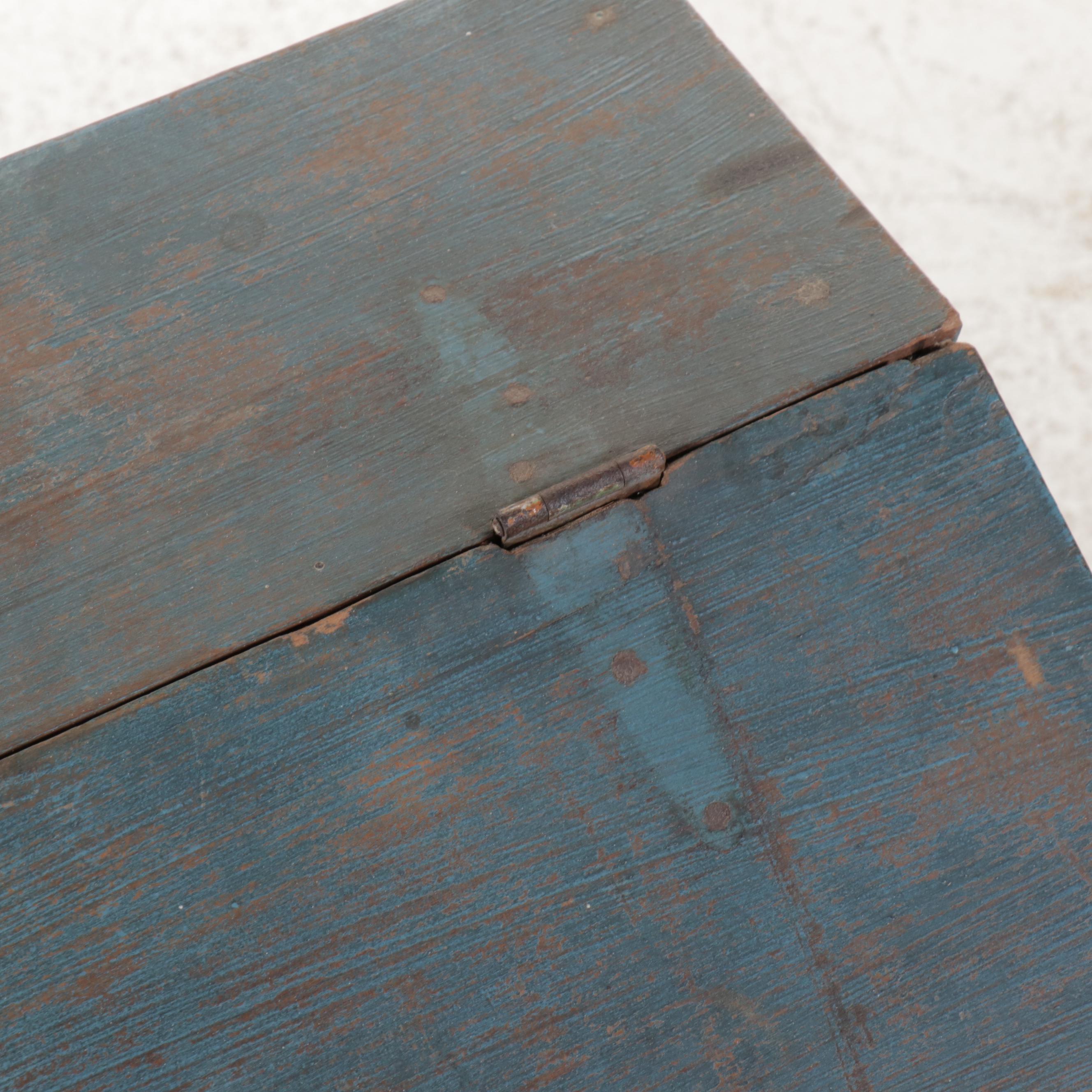Early American Blue Painted Pine Slant-Top Lift-Lid Chest with Dovetailing
