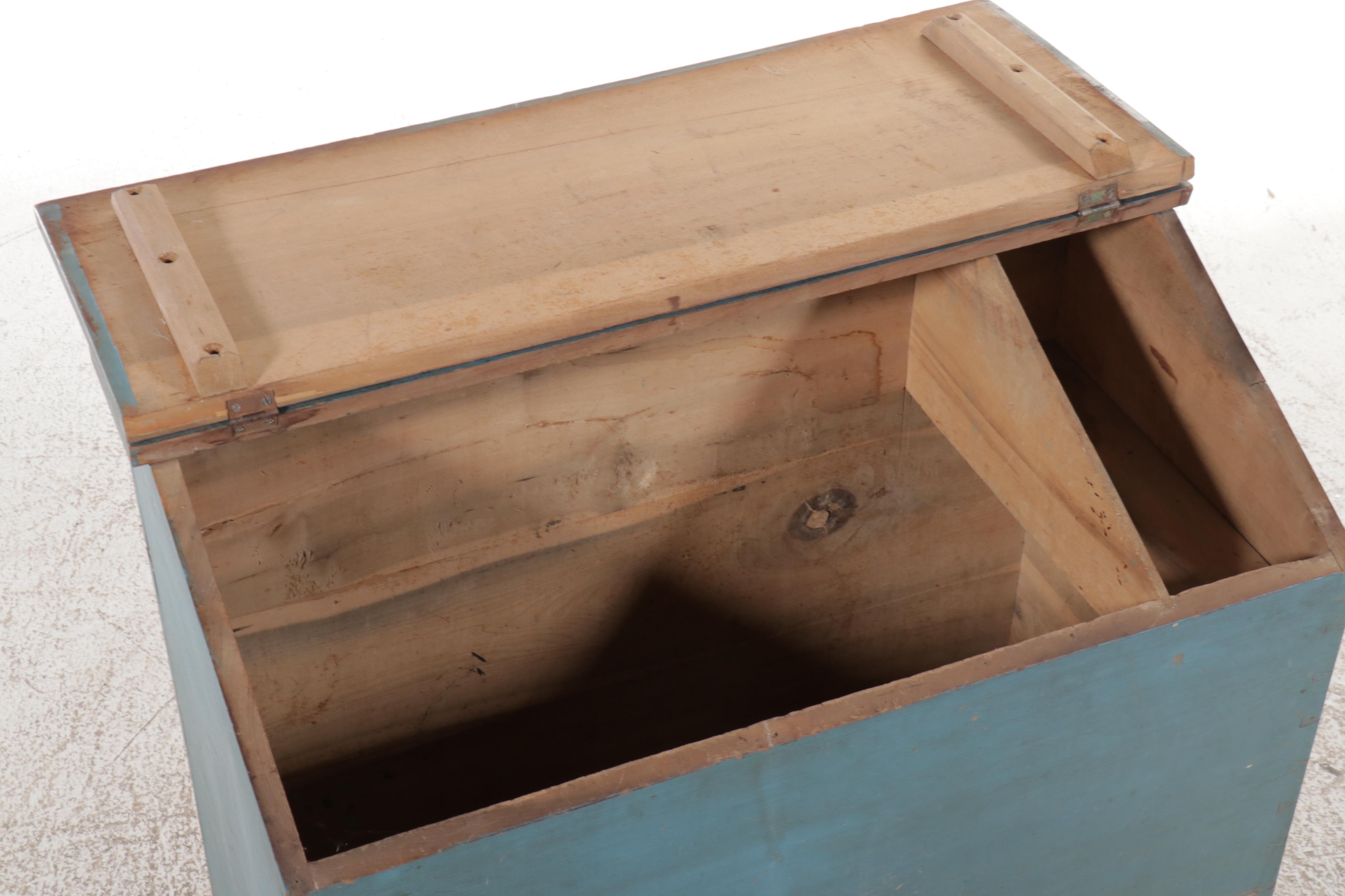 Early American Blue Painted Pine Slant-Top Lift-Lid Chest with Dovetailing