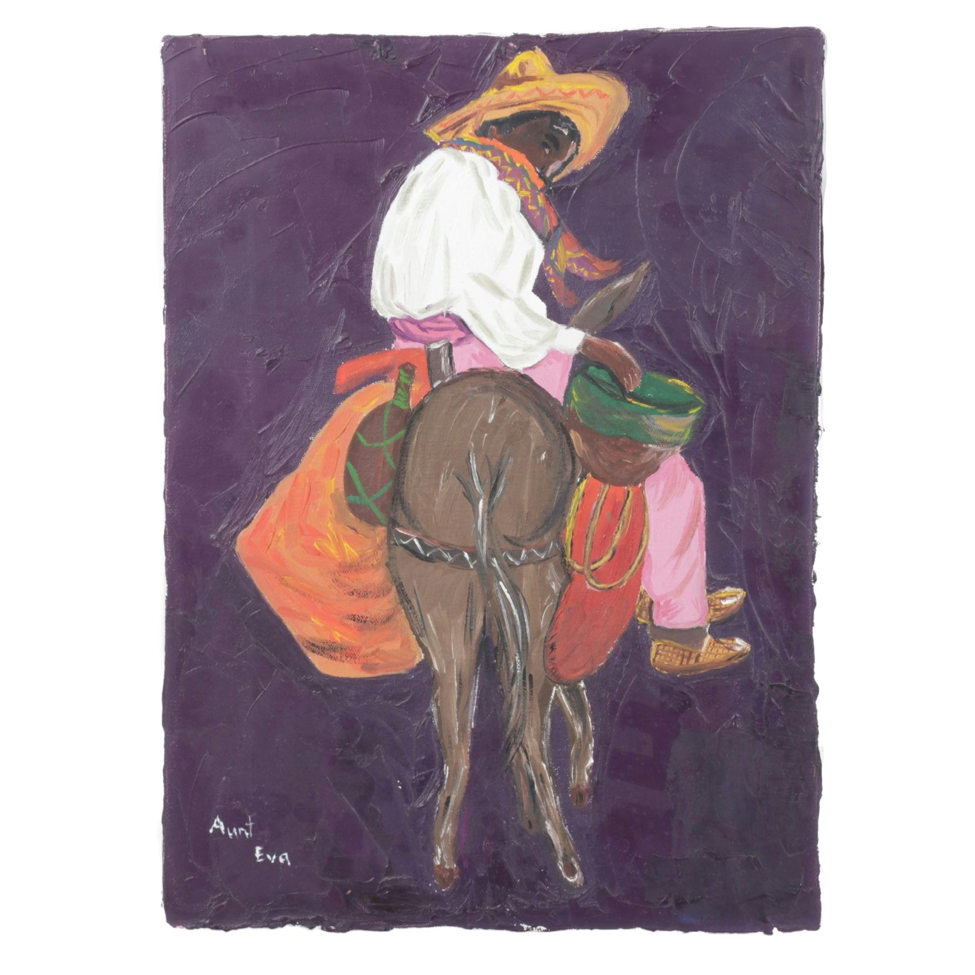 Aunt Eva Oil Painting of Traveler on Horseback, Mid to Late 20th Century