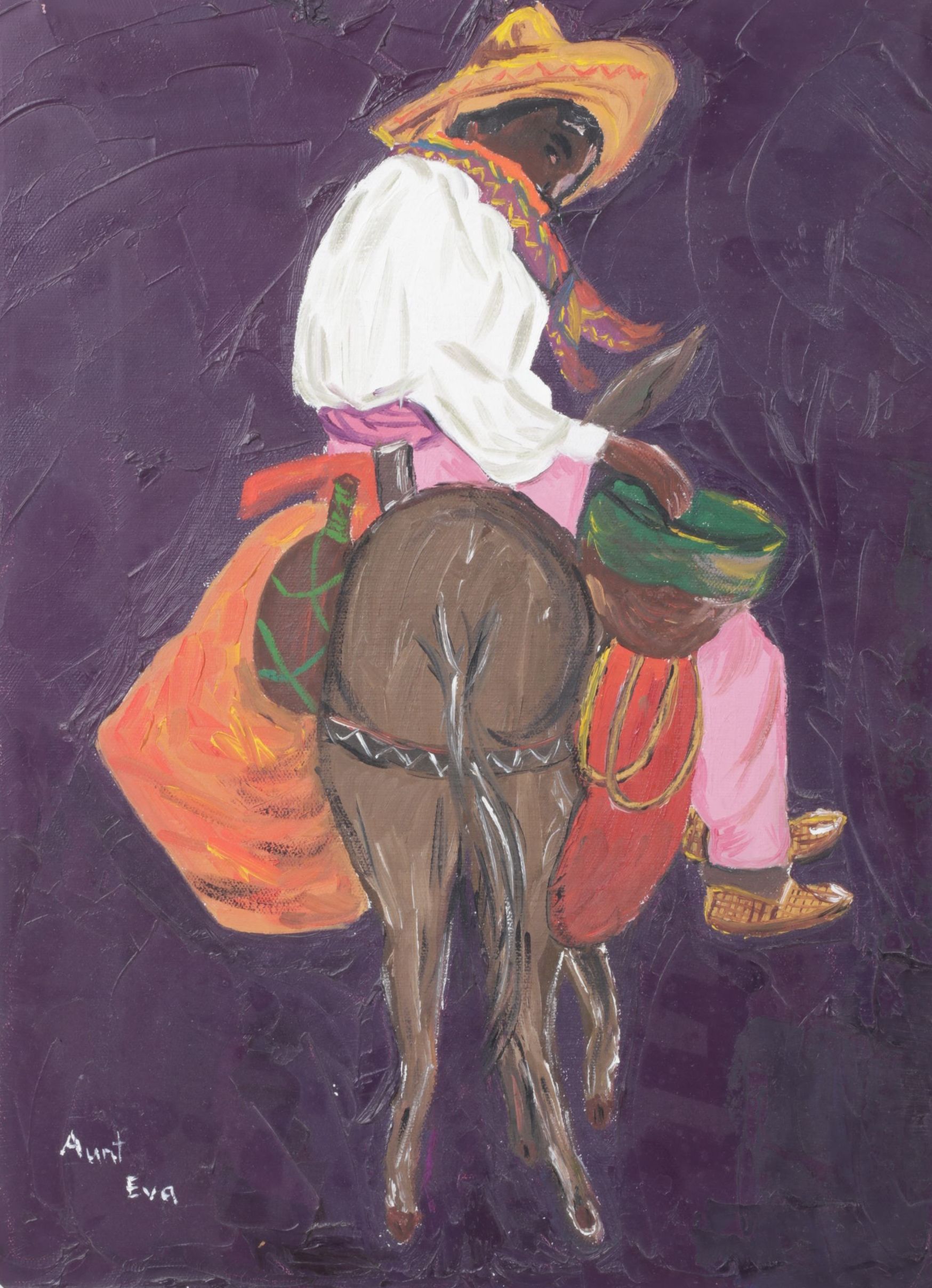 Aunt Eva Oil Painting of Traveler on Horseback, Mid to Late 20th Century