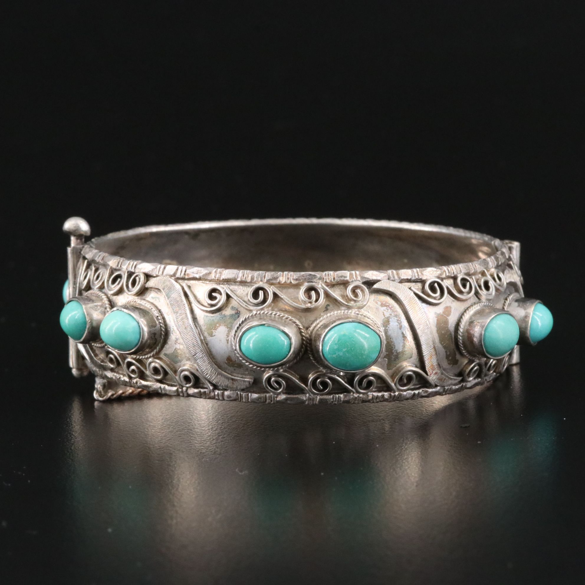 Vintage 800 Silver Turquoise Hinged Bangle Bracelet