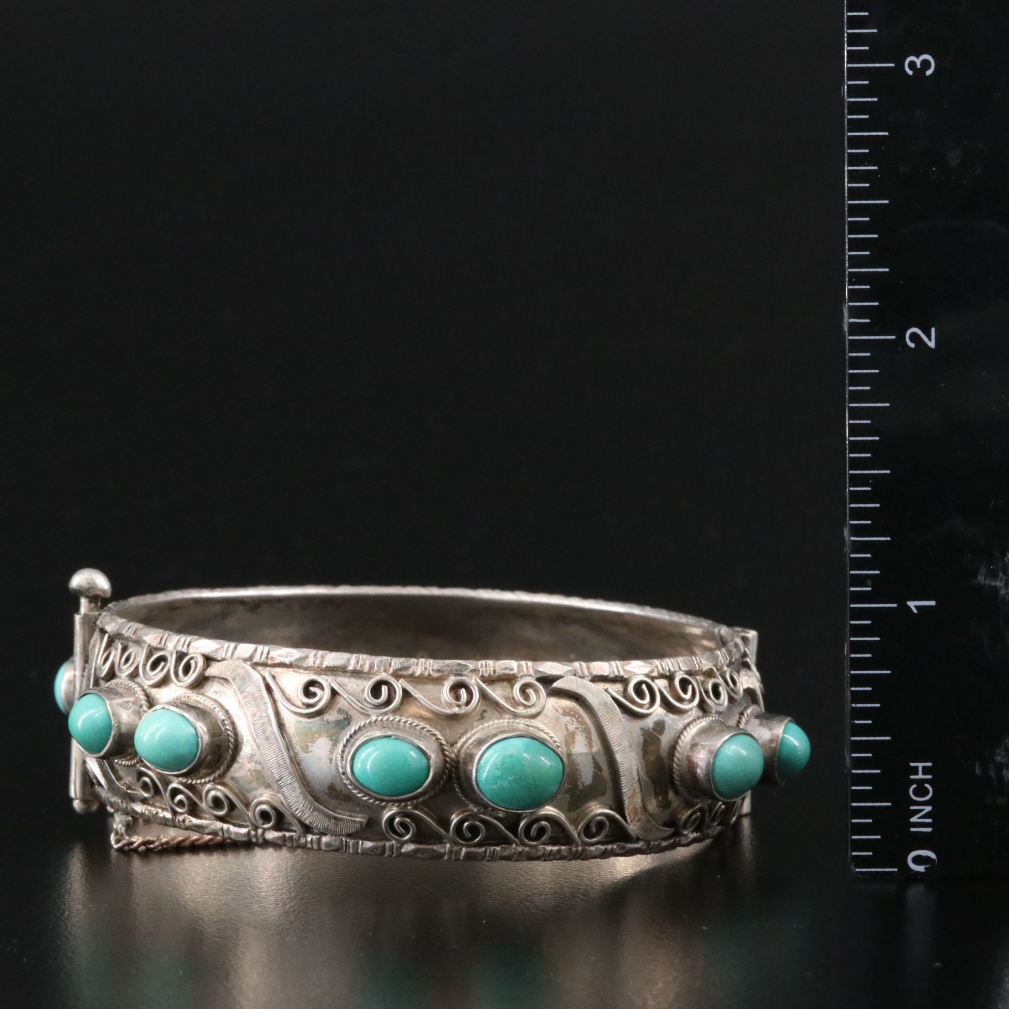 Vintage 800 Silver Turquoise Hinged Bangle Bracelet