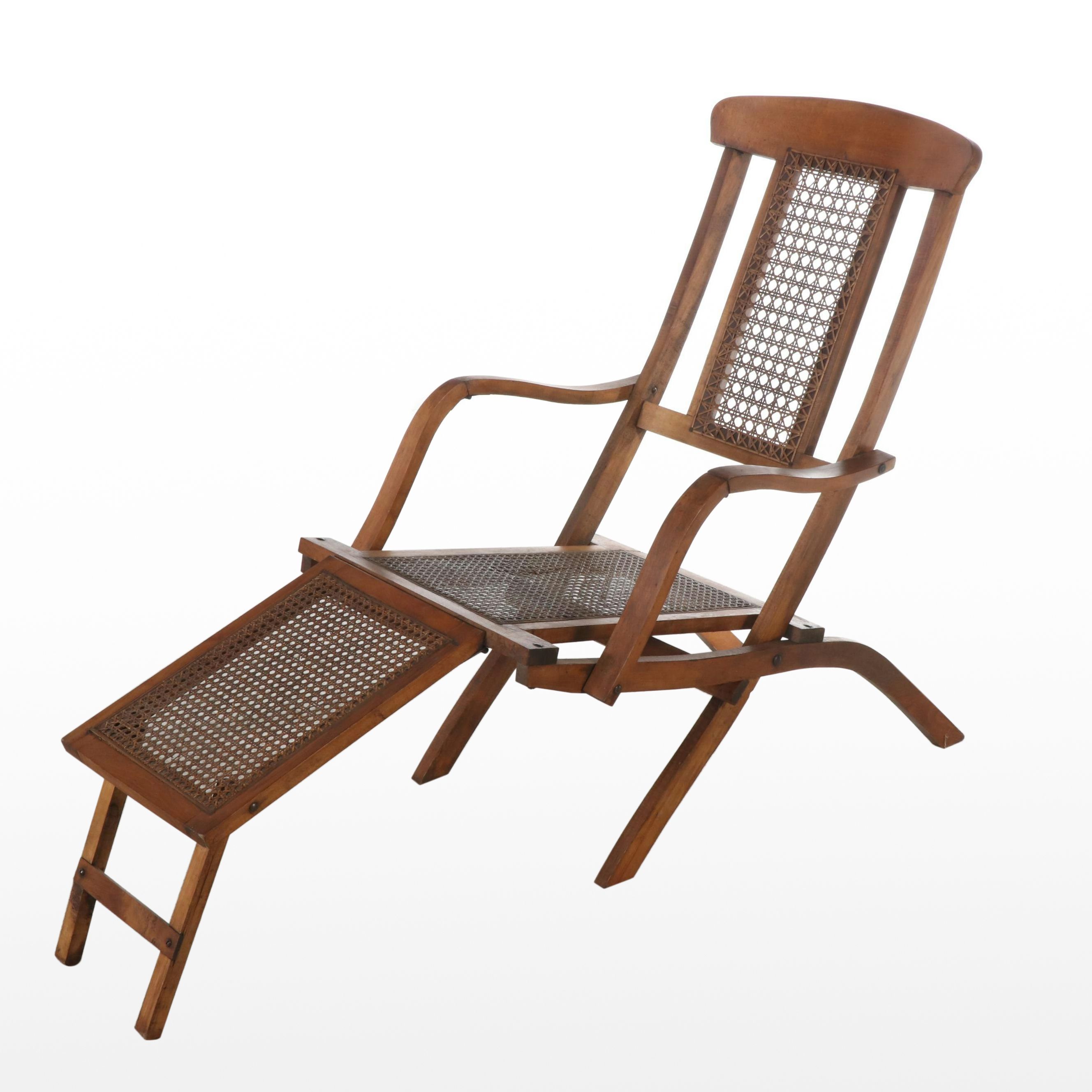 Wood and Cane Steamer Deck Chaise Lounge Chair, 20th Century