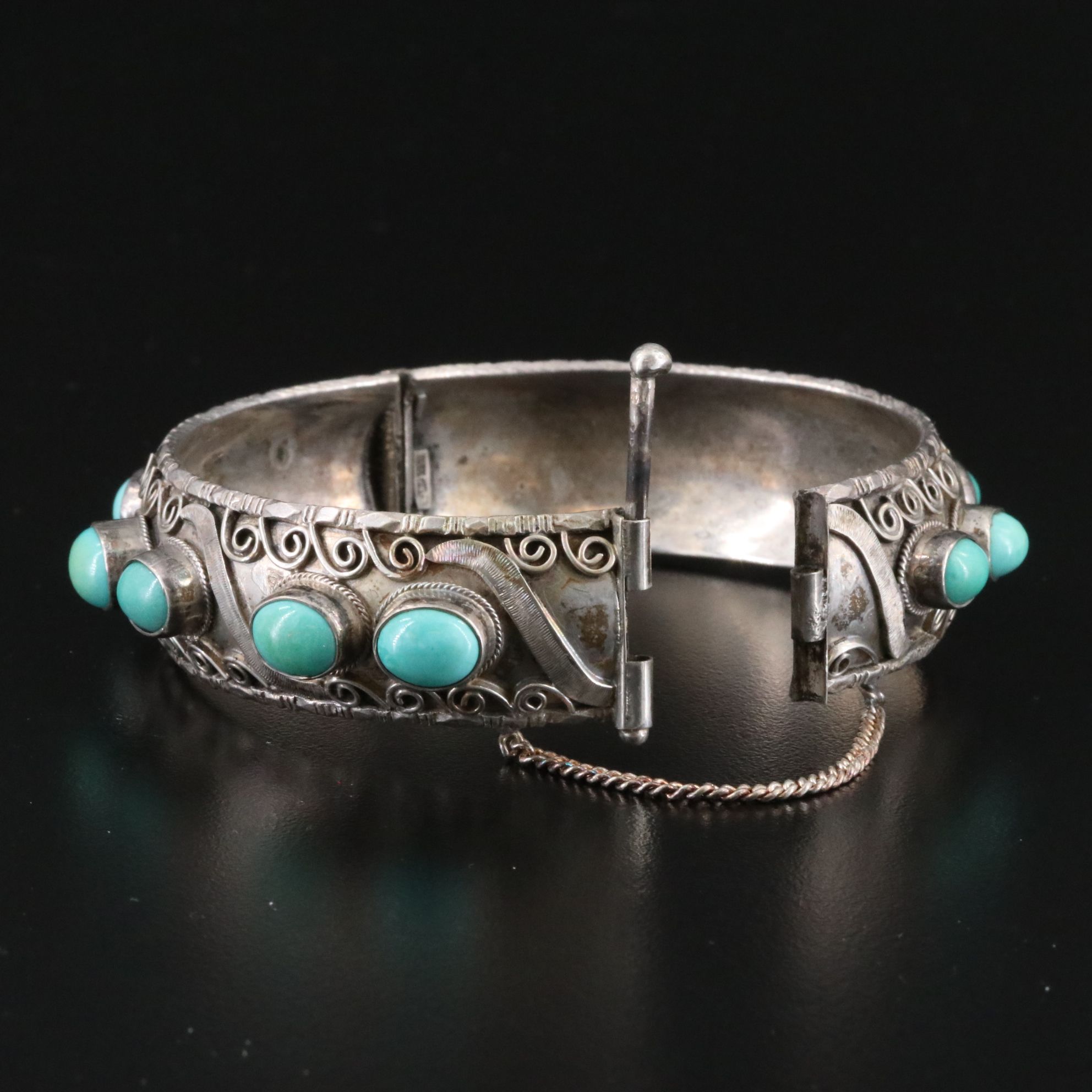 Vintage 800 Silver Turquoise Hinged Bangle Bracelet