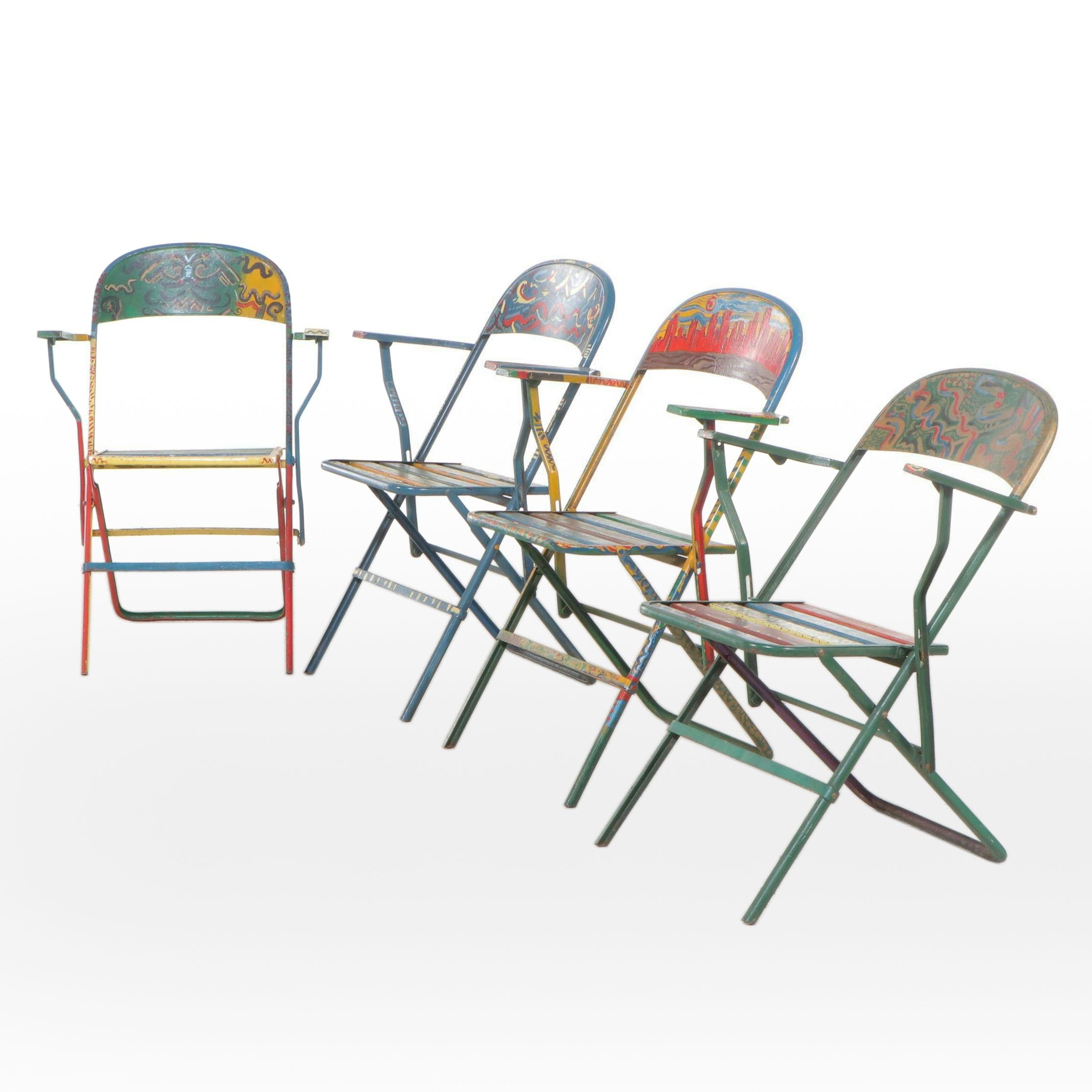 Set of Four Hand-Painted Folding Chairs, Late 20th Century