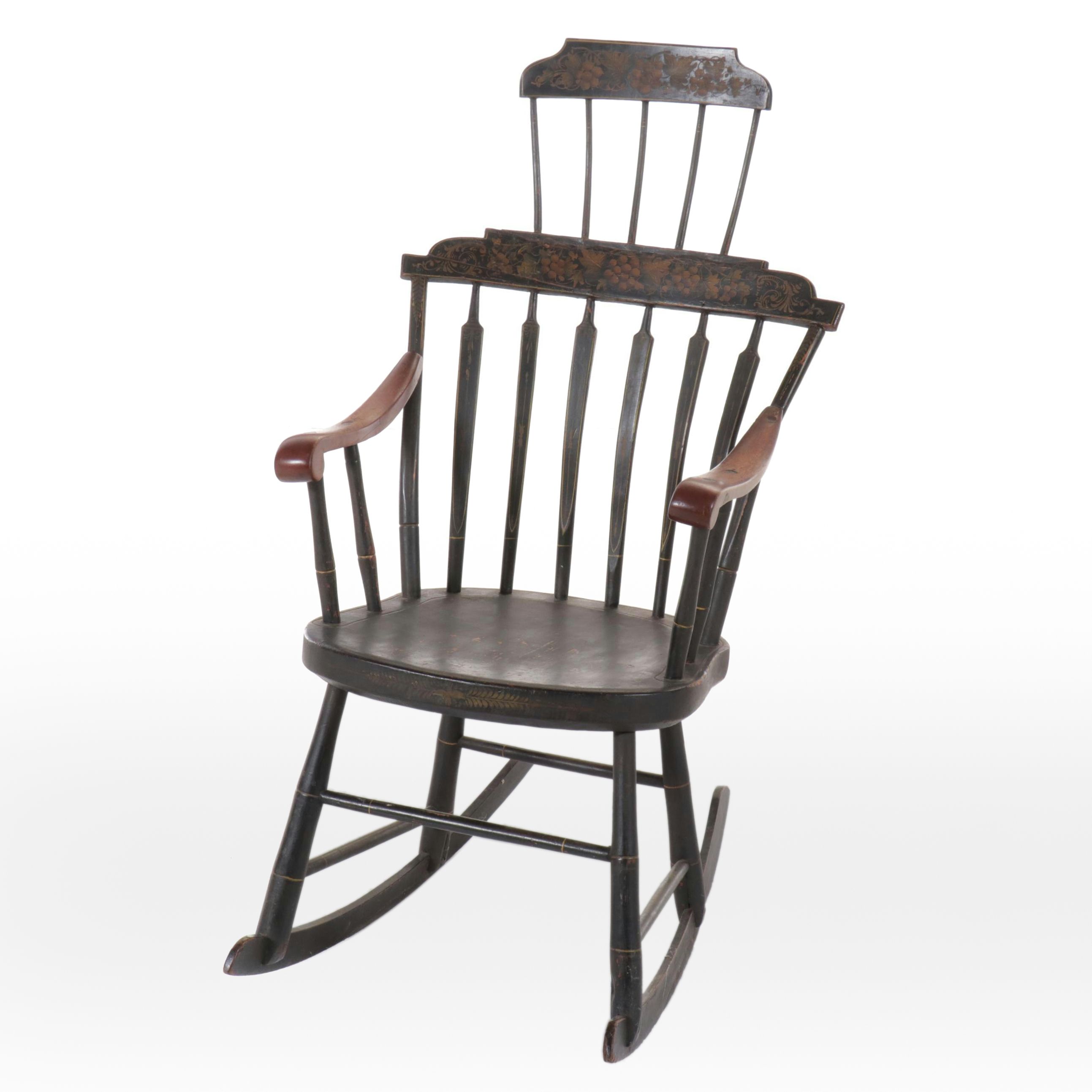 American Black Painted and Stenciled Rocking Chair, Boston or Hitchcock Style
