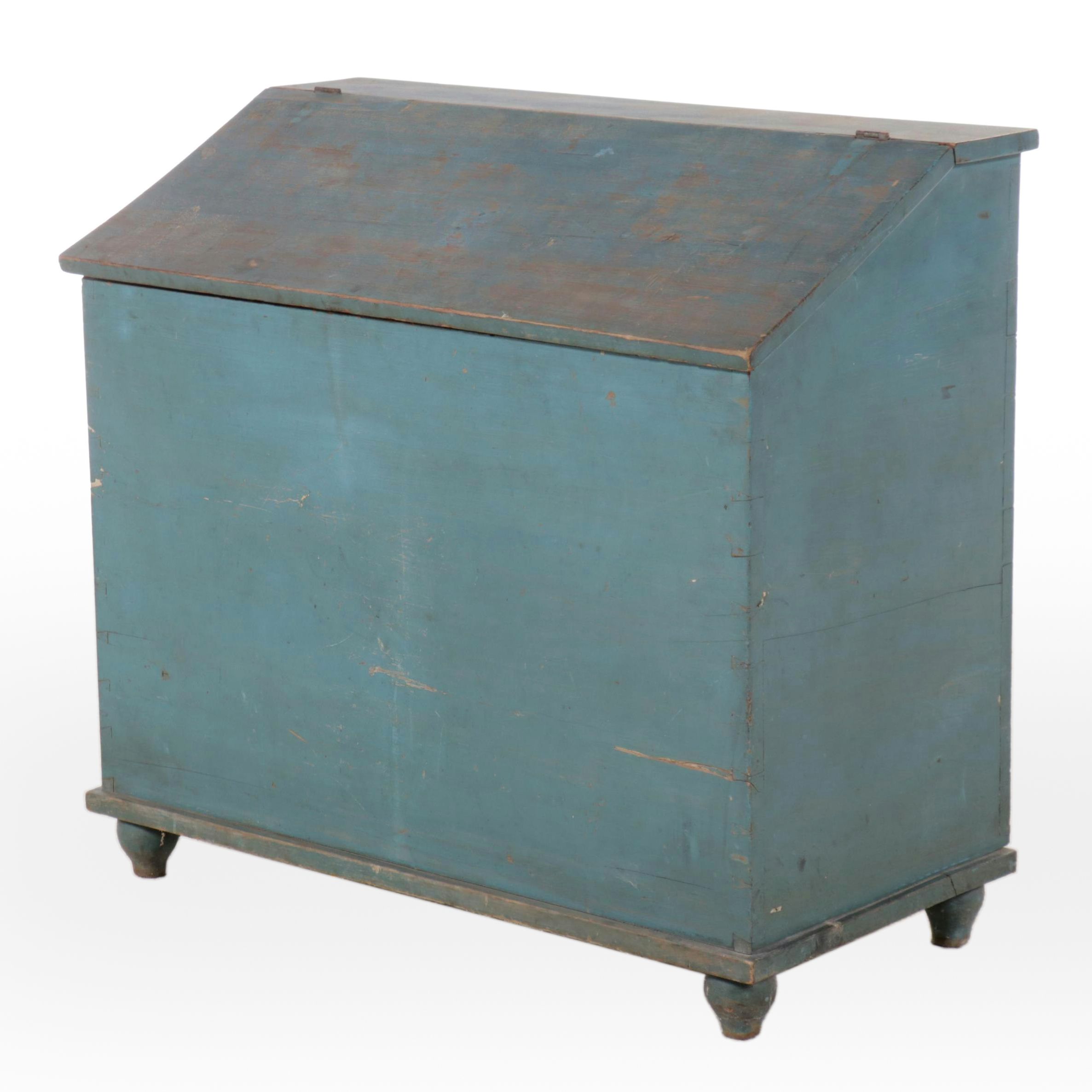 Early American Blue Painted Pine Slant-Top Lift-Lid Chest with Dovetailing