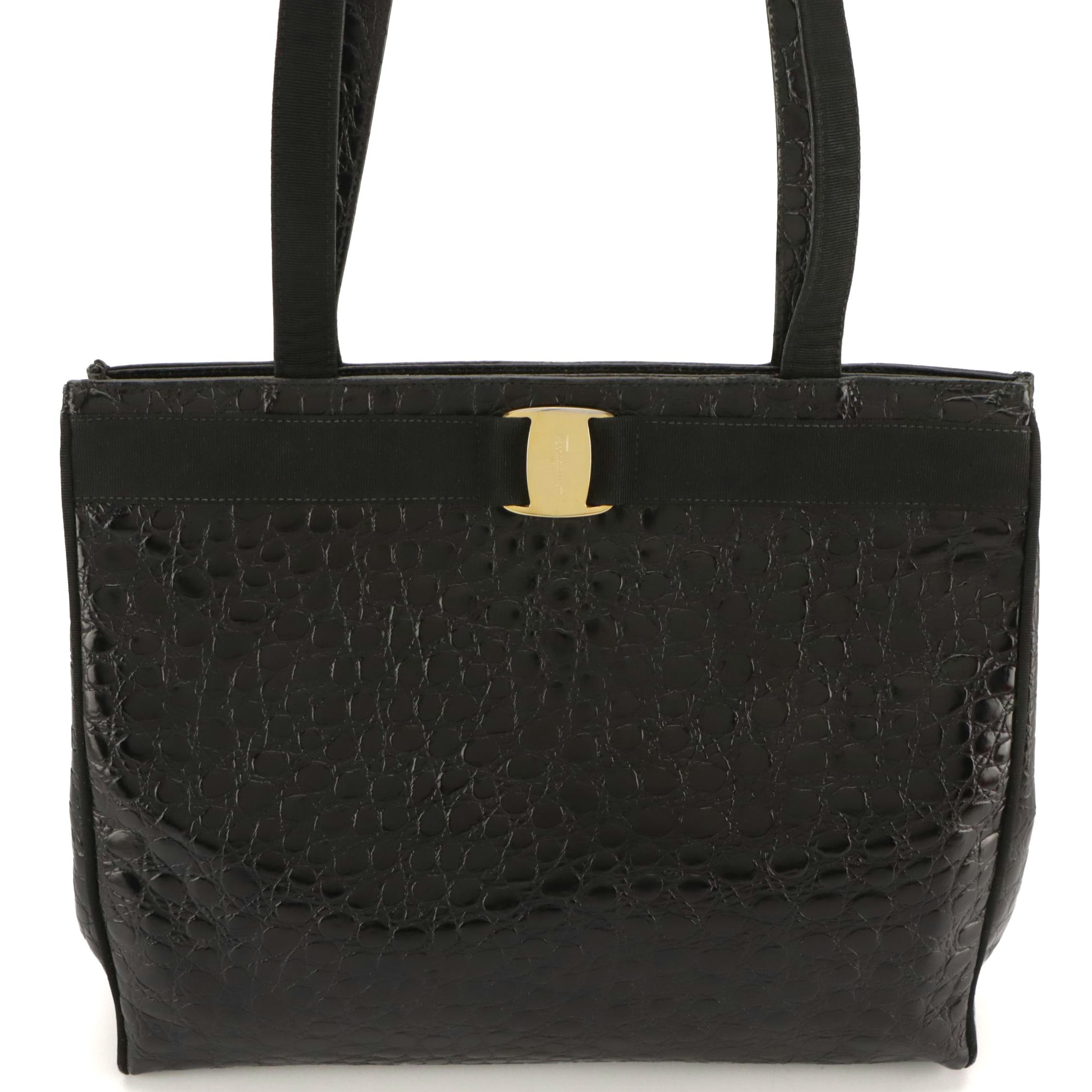 Salvatore Ferragamo Vara Shoulder Tote in Shiny Black Croc Embossed Leather