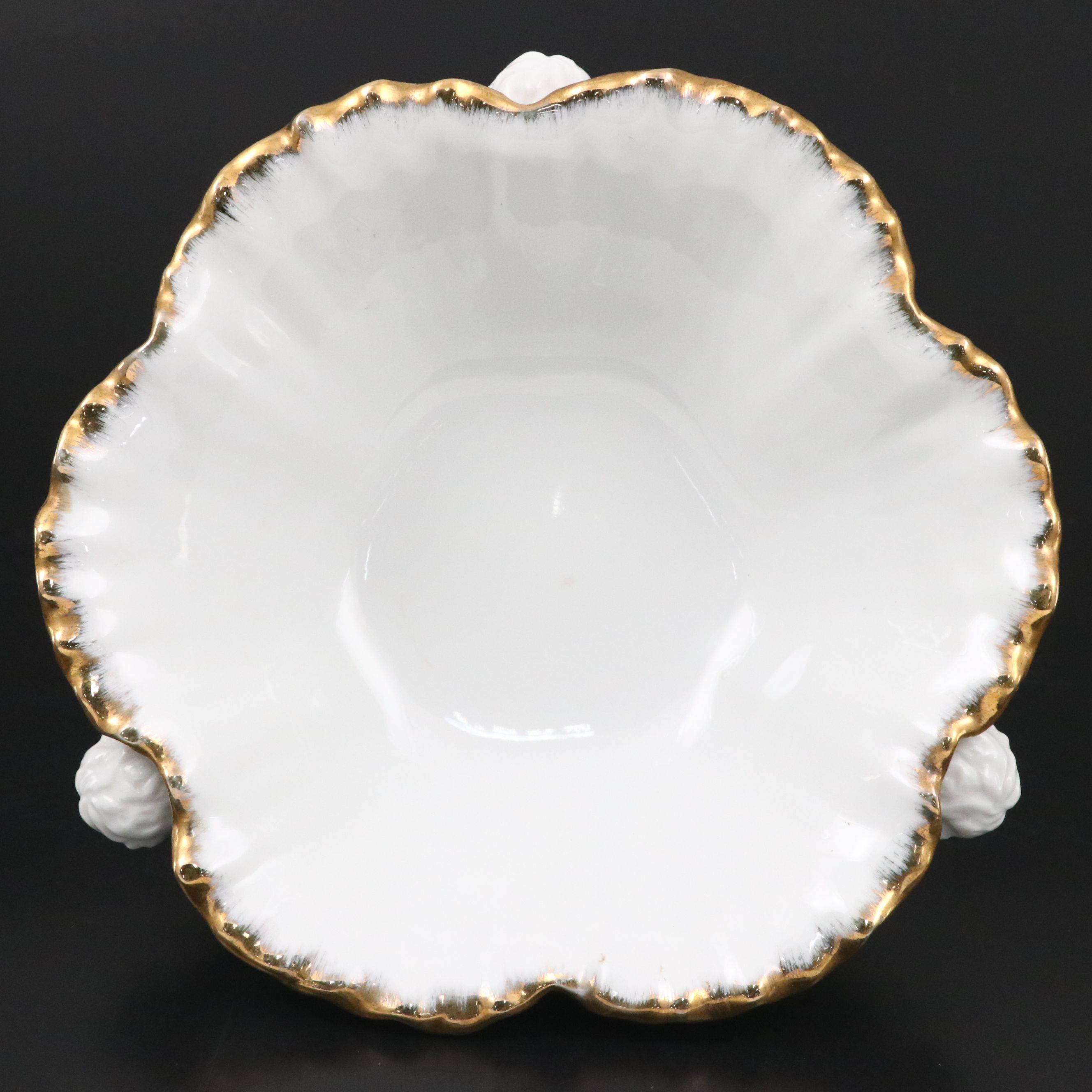Gilt Edged Ruffled China Footed Bowl with Putti Figural Feet