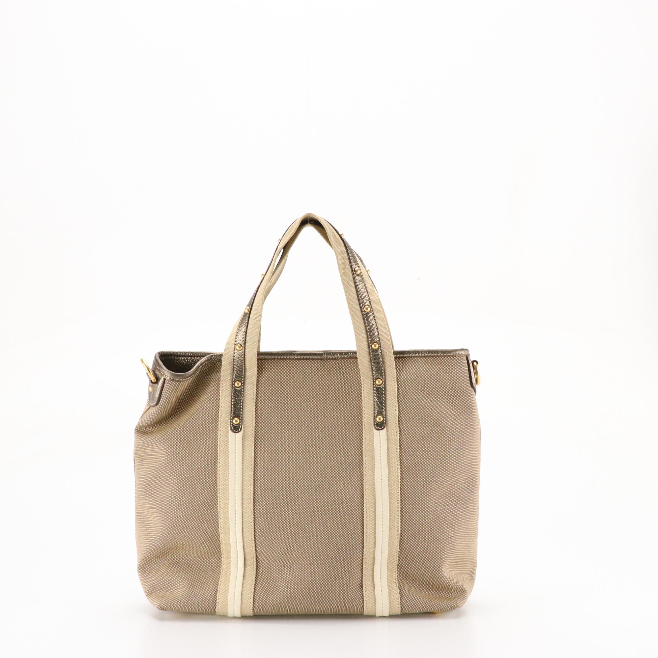Prada Beige Jacquard Logo Canvas and Metallic Leather Trim Two-Way Tote