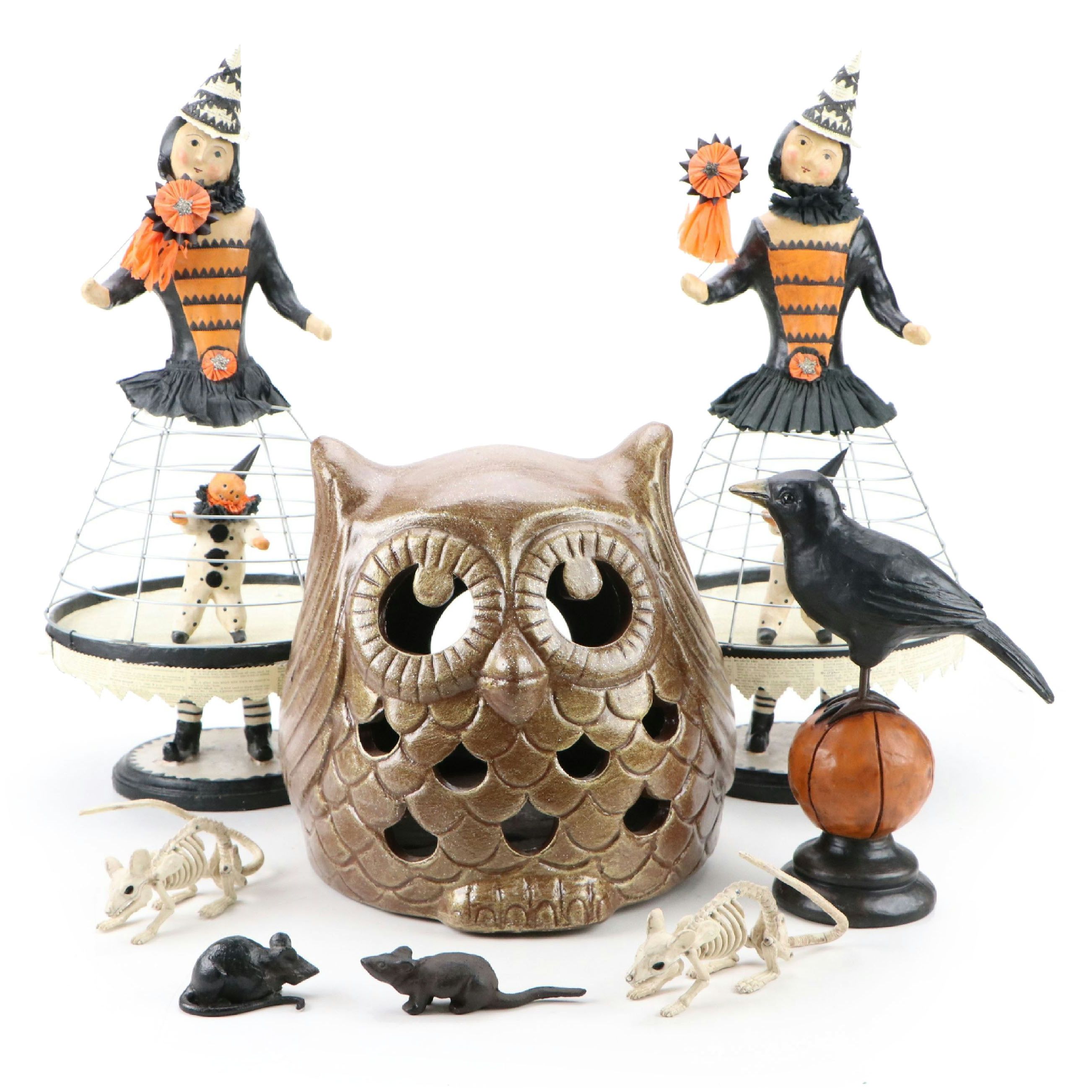 Halloween Doll Topiaries with Owl Candle Jar, Raven Figurine and More