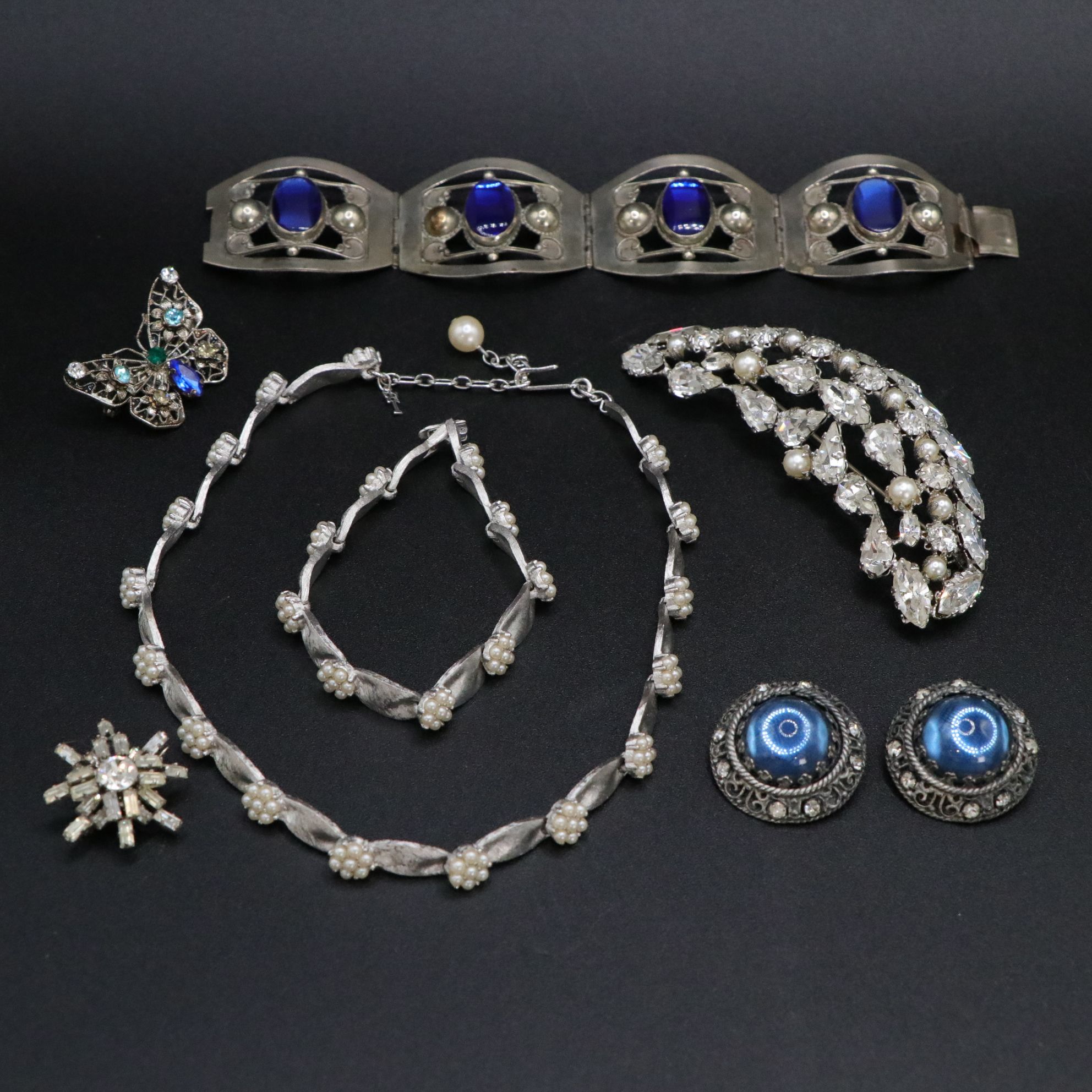 Taxco 1940s Sterling Silver Bracelet Featured With Other Costume Jewelry