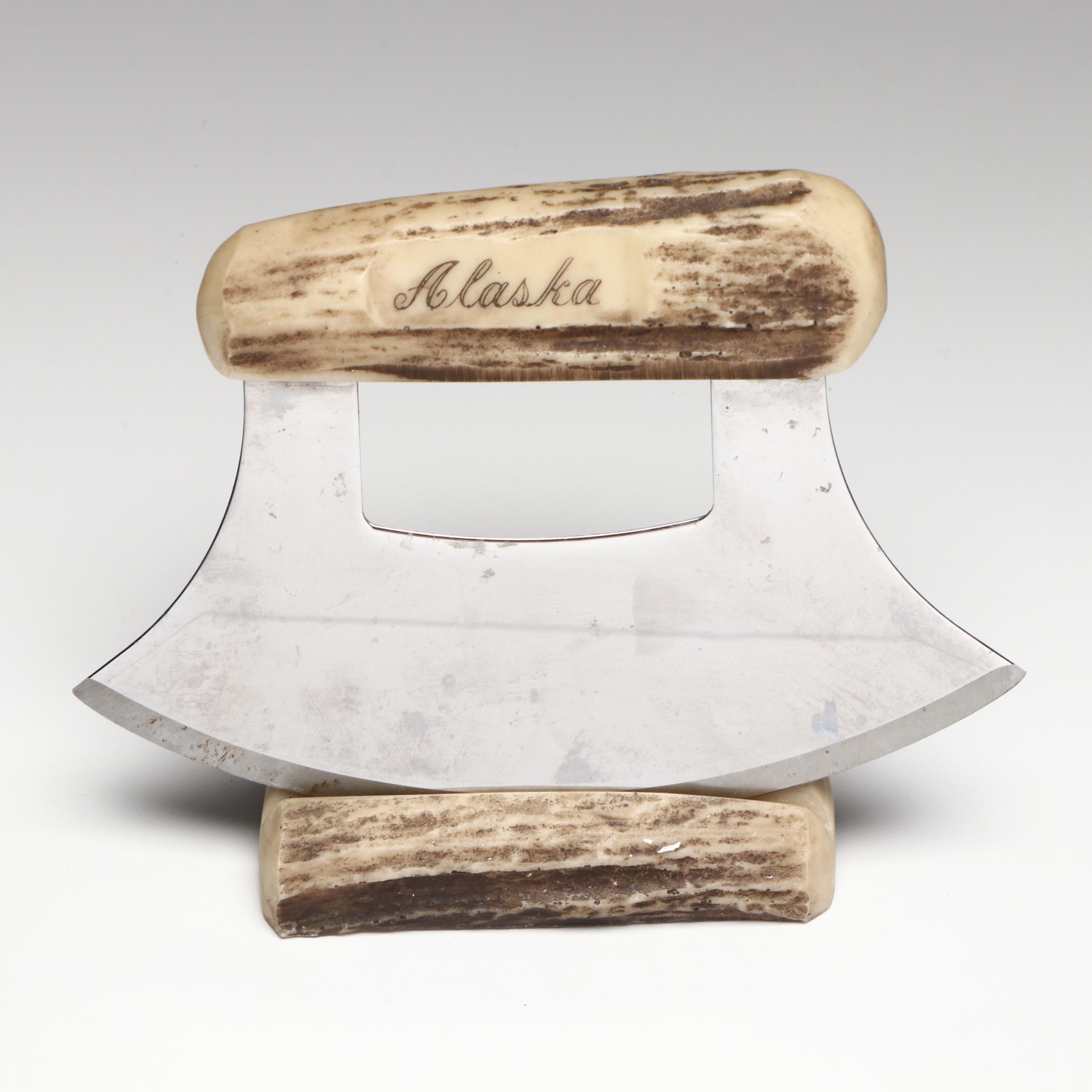 Alaskan Faux Antler Handled Ulu Knife with Stand and Wooden Ice Scratcher