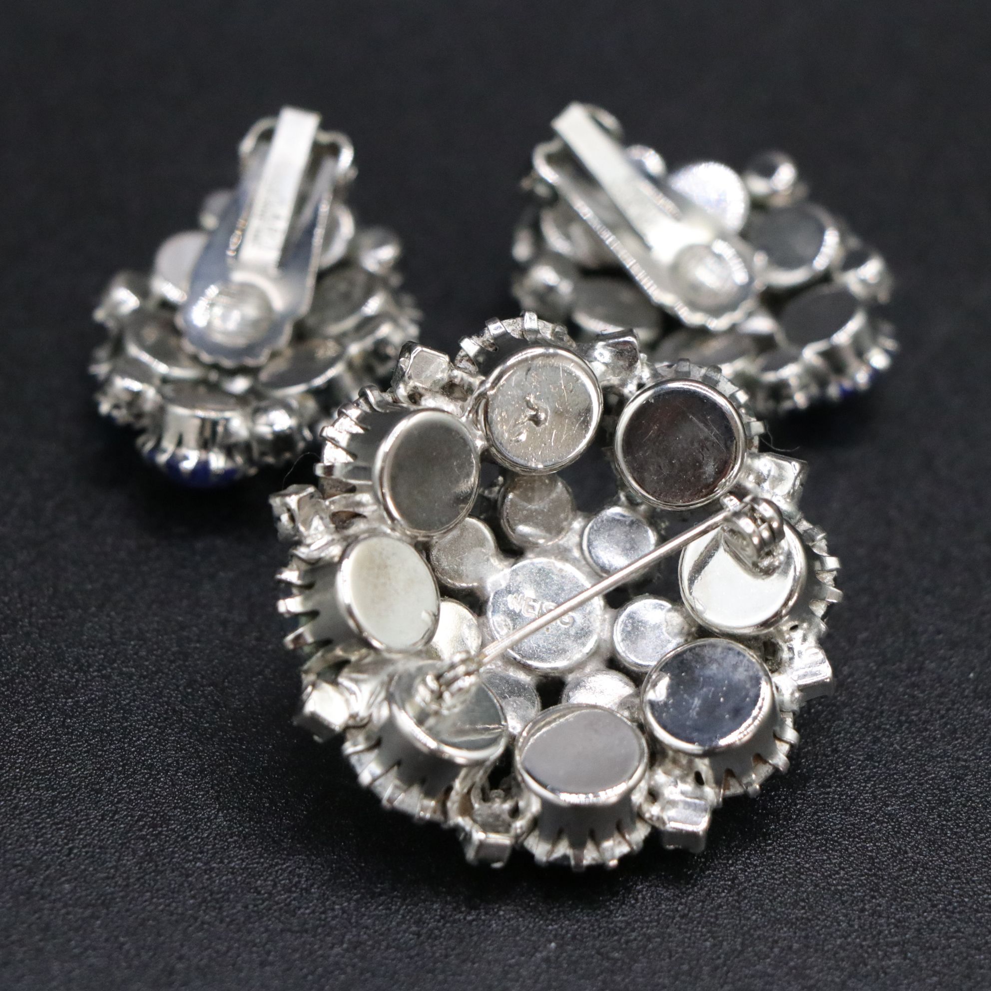 Weiss Amber and Blue Rhinestone Dome Brooches with Karu Clip-On Earrings & More