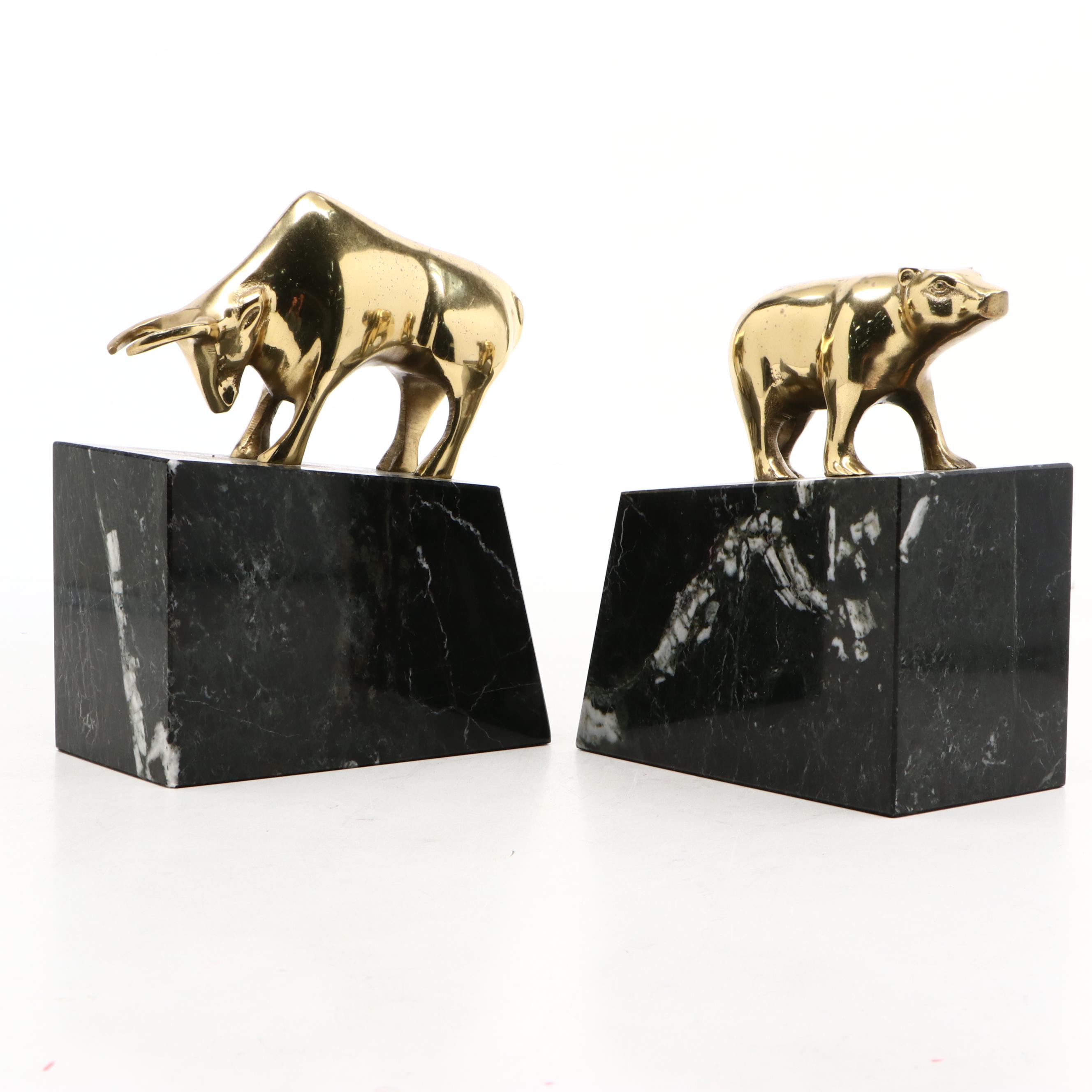 Pair of Brass Bull and Bear Bookends on Black Marble Bases