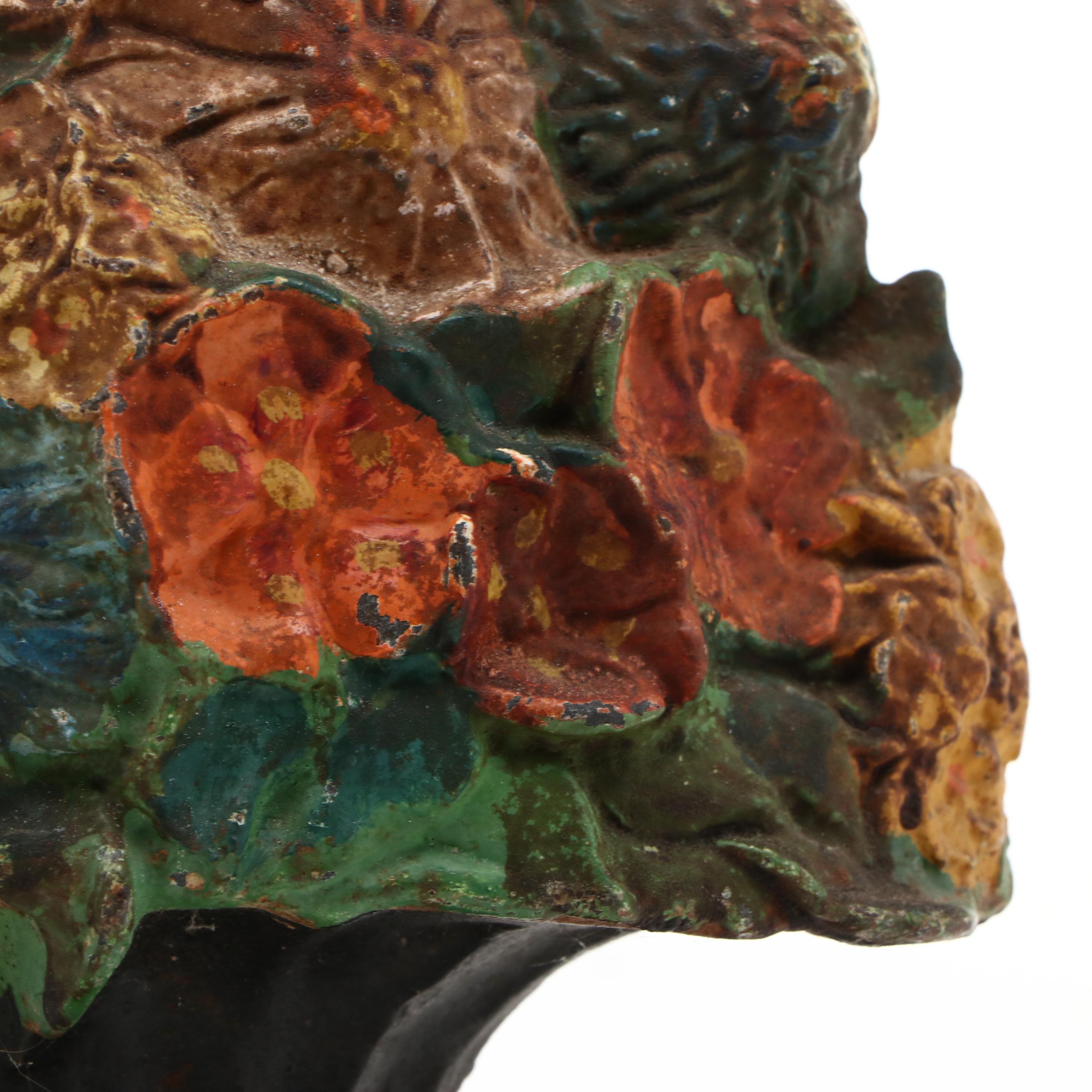 Painted Cast Iron Floral Topiary Doorstop, Early 20th Century