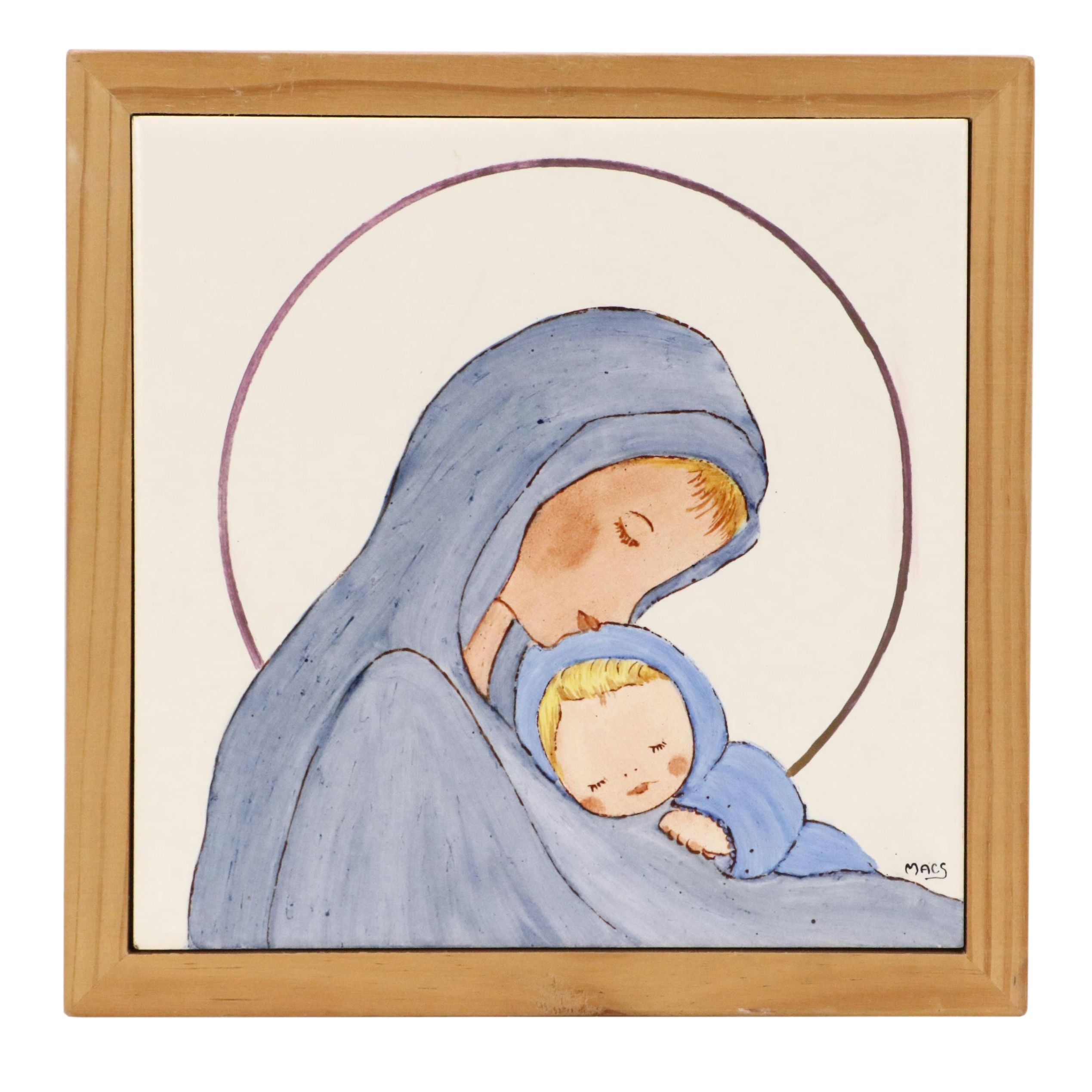 Painted Ceramic Tile Depicting Madonna and Child, 20th Century