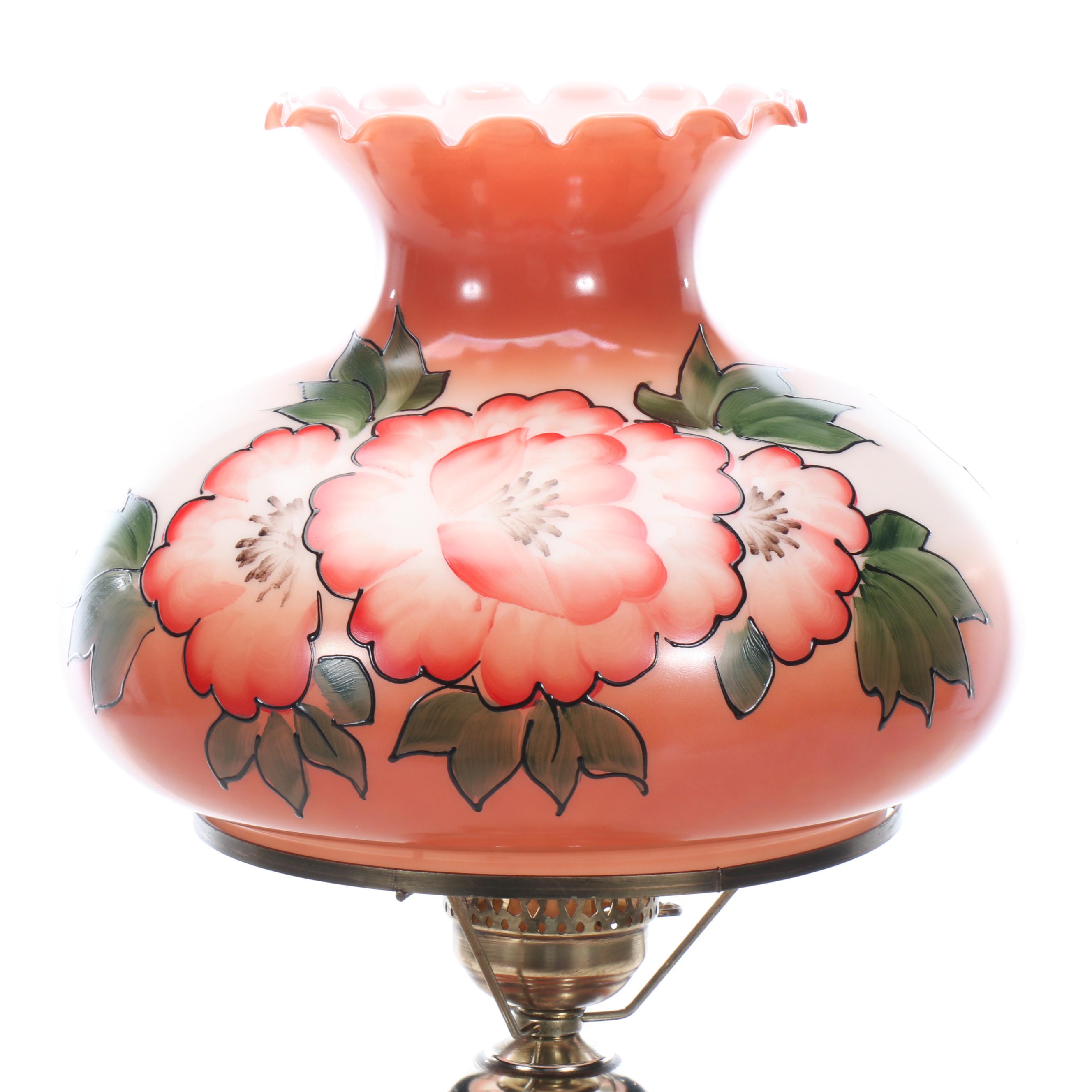 Victorian Style Hand-Painted Floral Milk Glass Parlor Lamp
