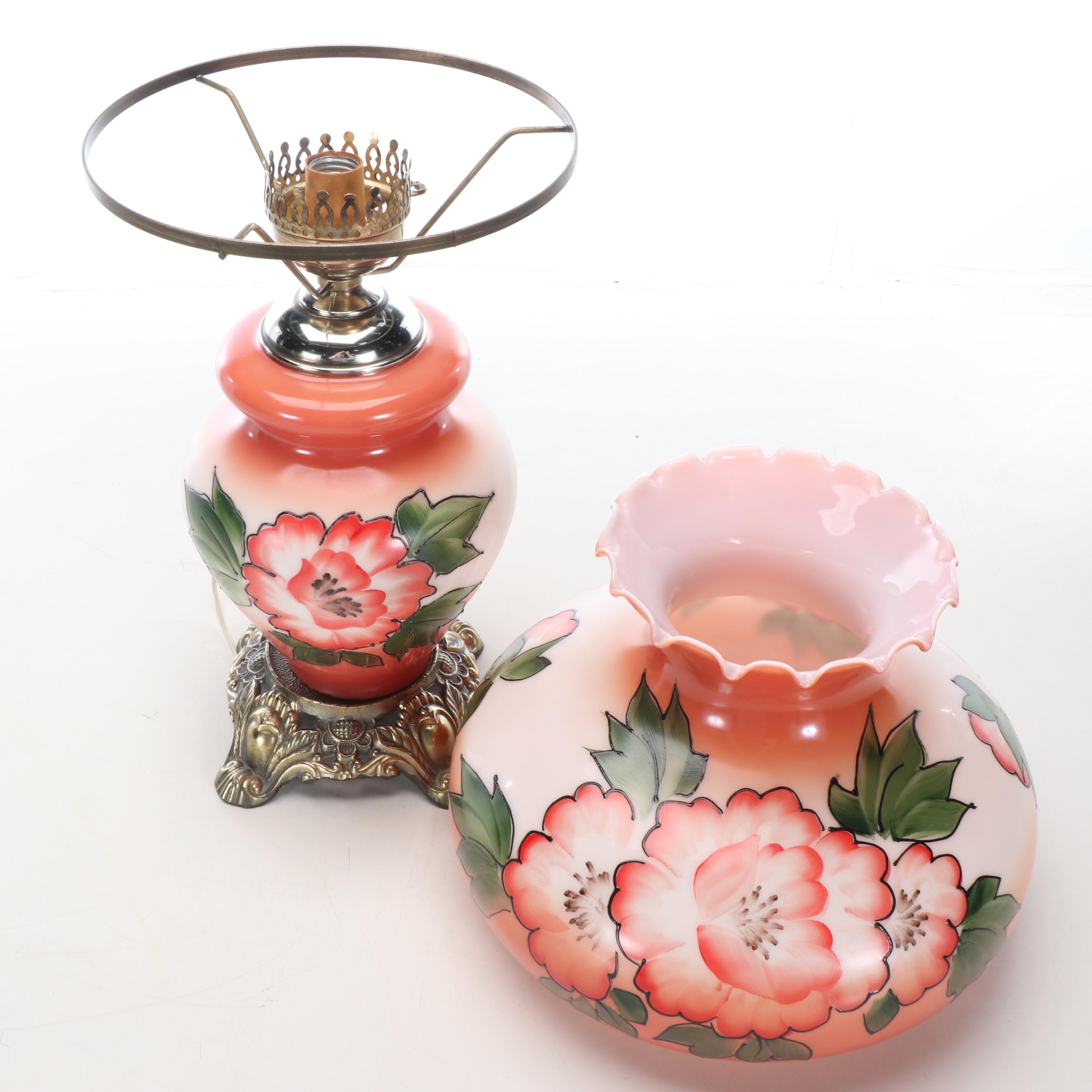 Victorian Style Hand-Painted Floral Milk Glass Parlor Lamp