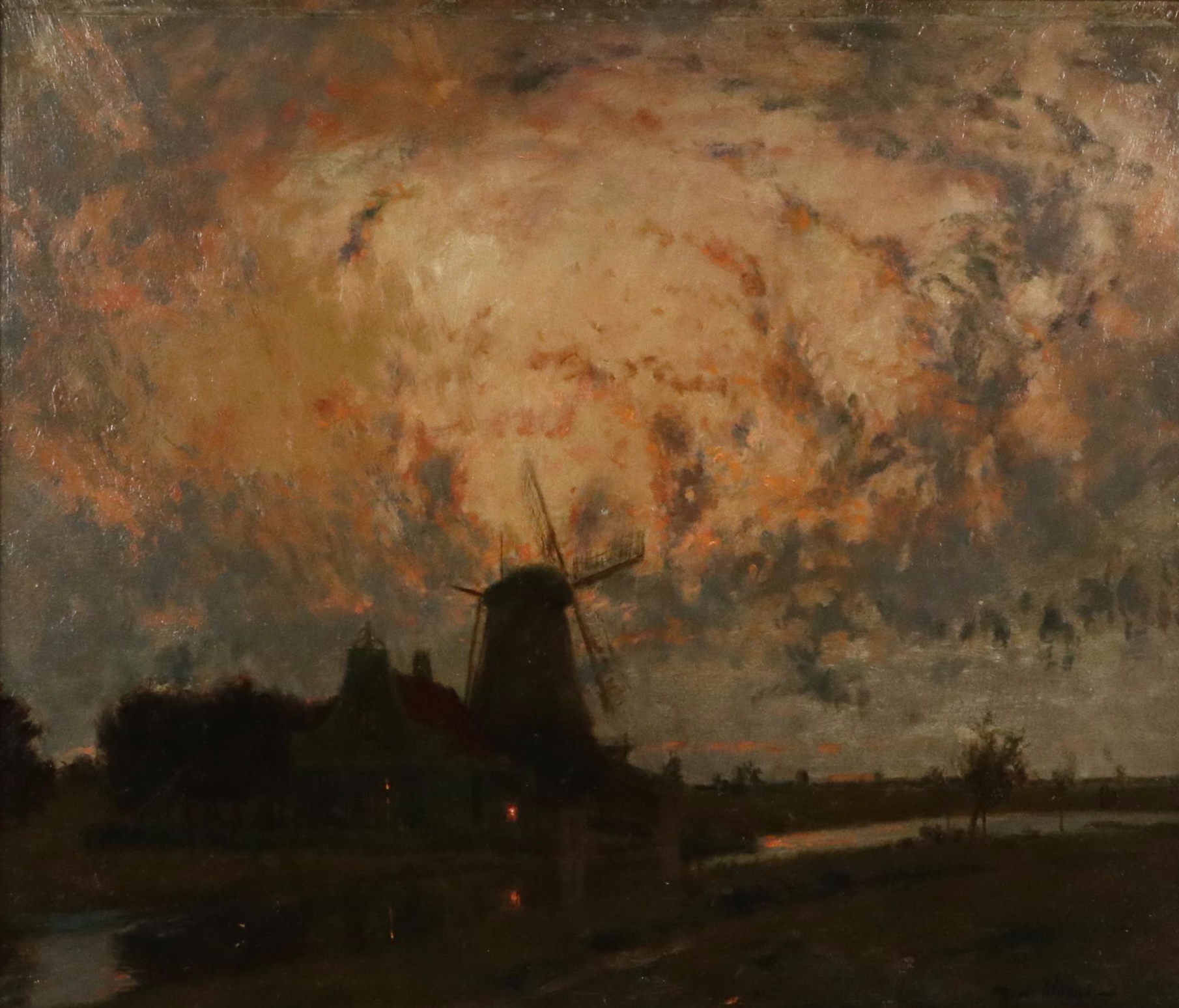 Raoul André Ulmann Impressionist Oil Painting of Landscape With Windmill at Dusk