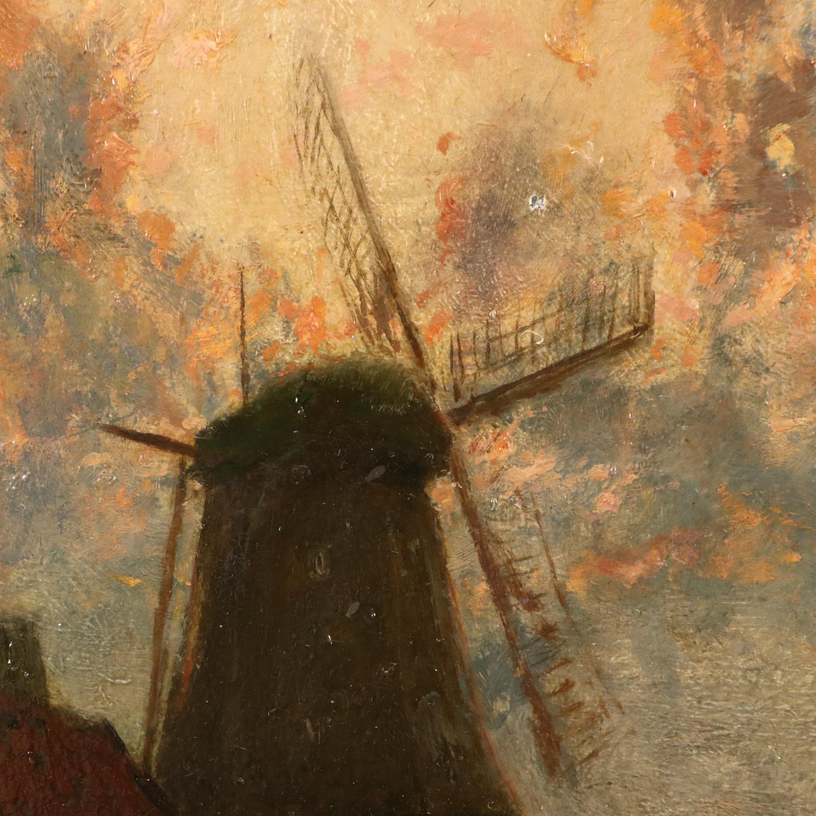 Raoul André Ulmann Impressionist Oil Painting of Landscape With Windmill at Dusk