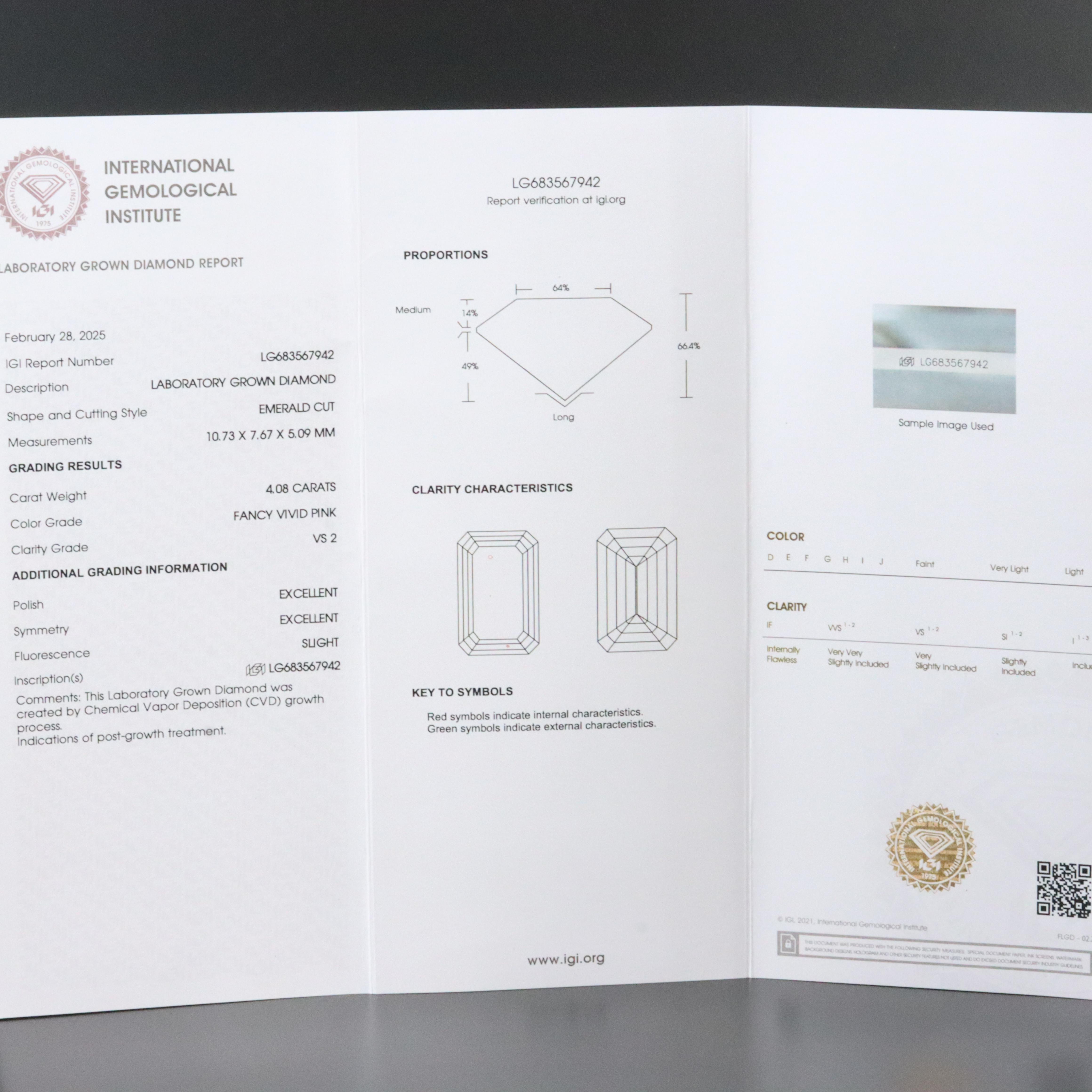 14K 4.65 CTW Lab Grown Diamond Ring with Fancy Pink Center and IGI Report