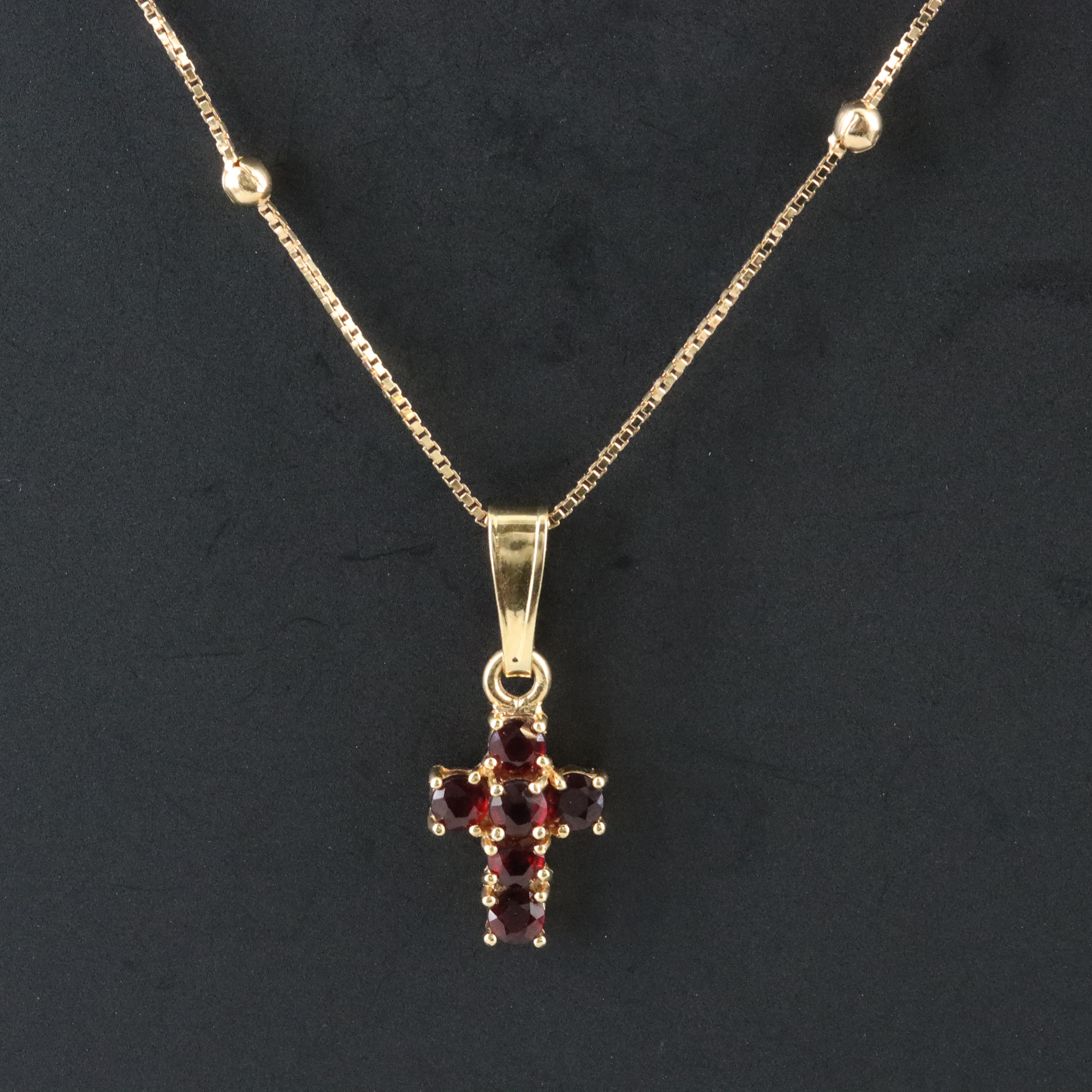 18K Garnet Cross Pendant on Station Chain Necklace